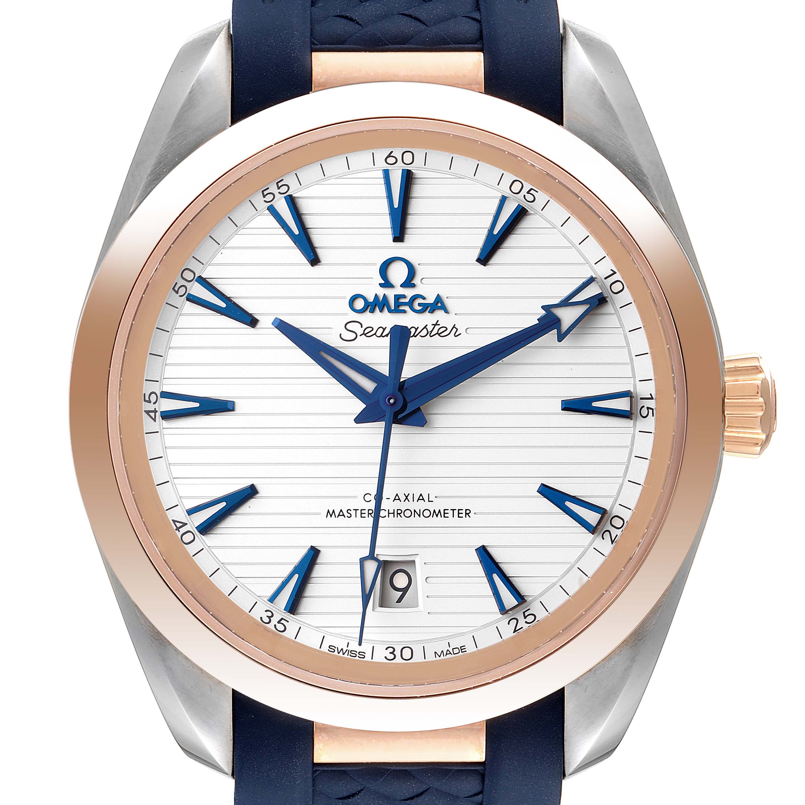 This image shows a close-up front view of the Omega Aqua Terra 220.22.38.20.02.001 Men's Steel and Gold (two tone) Silver Dial 220.22.38.20.02.001 Men's Steel and Gold (two tone) Silver Dial watch, highlighting the dial, hands, bezel, and crown.