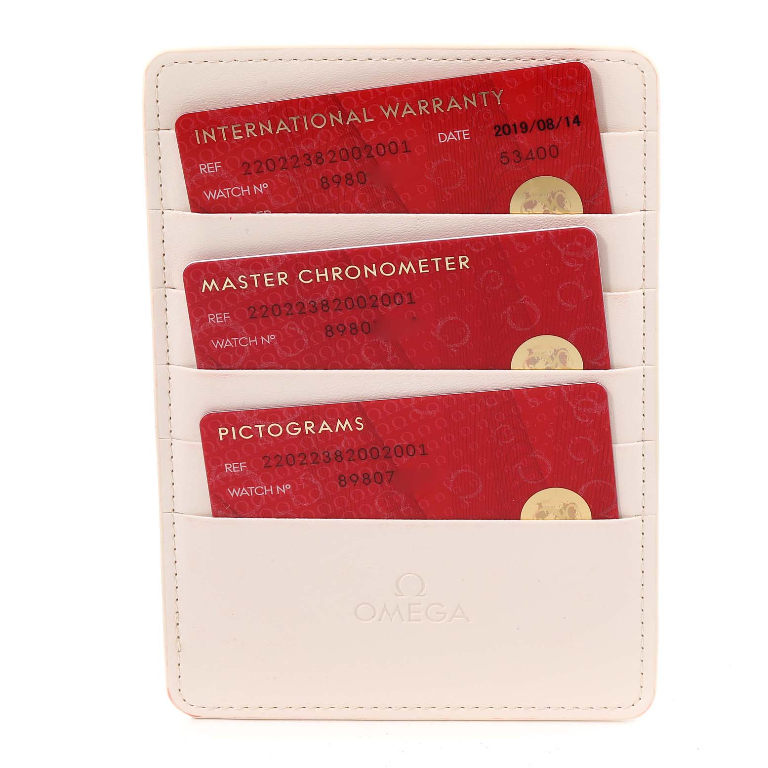 The image shows the International Warranty, Master Chronometer, and Pictograms cards for the Aqua Terra Omega watch model.