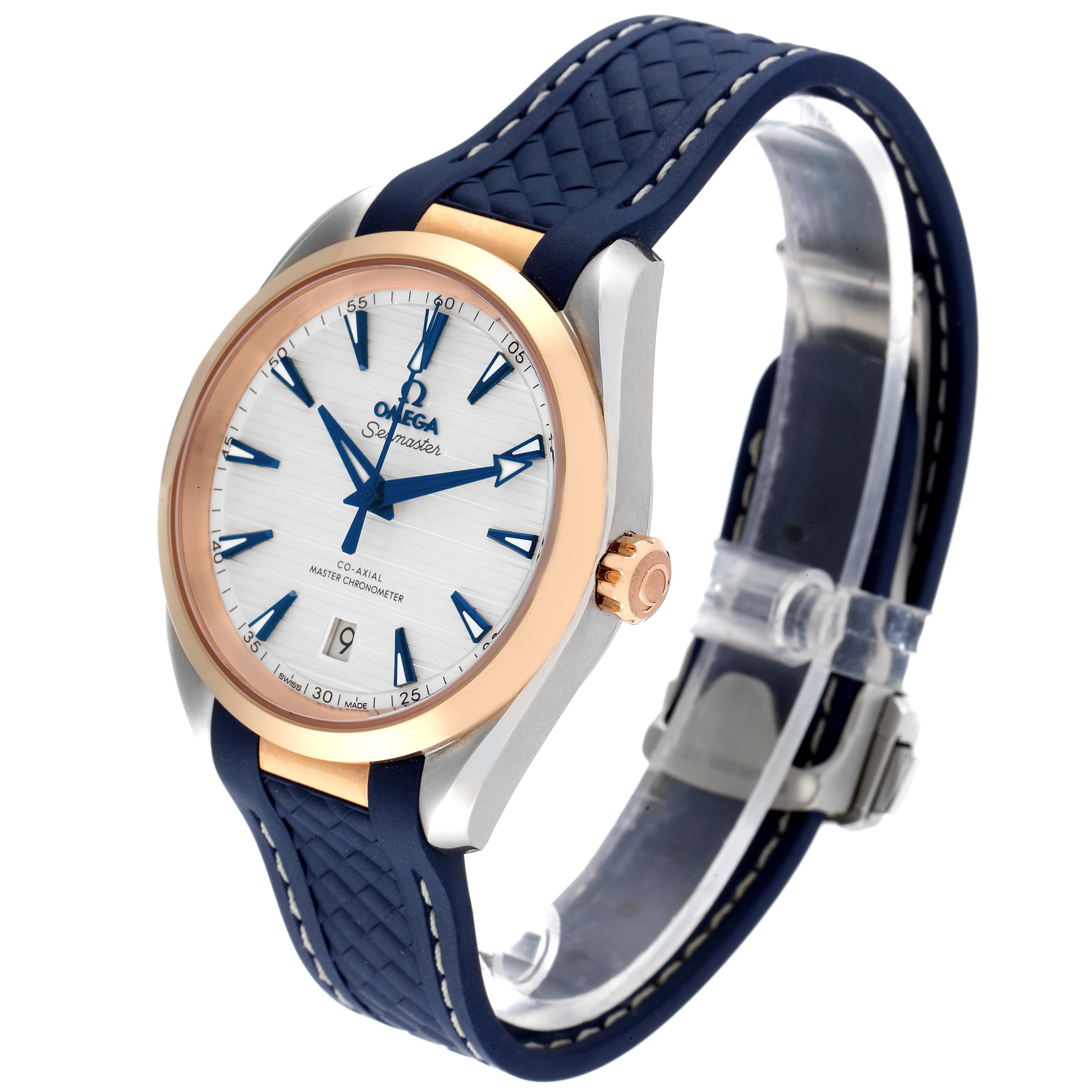 The image shows an angled view of the Omega Aqua Terra 220.22.38.20.02.001 Men's Steel and Gold (two tone) Silver Dial 220.22.38.20.02.001 Men's Steel and Gold (two tone) Silver Dial watch, highlighting its face, bezel, crown, and strap.