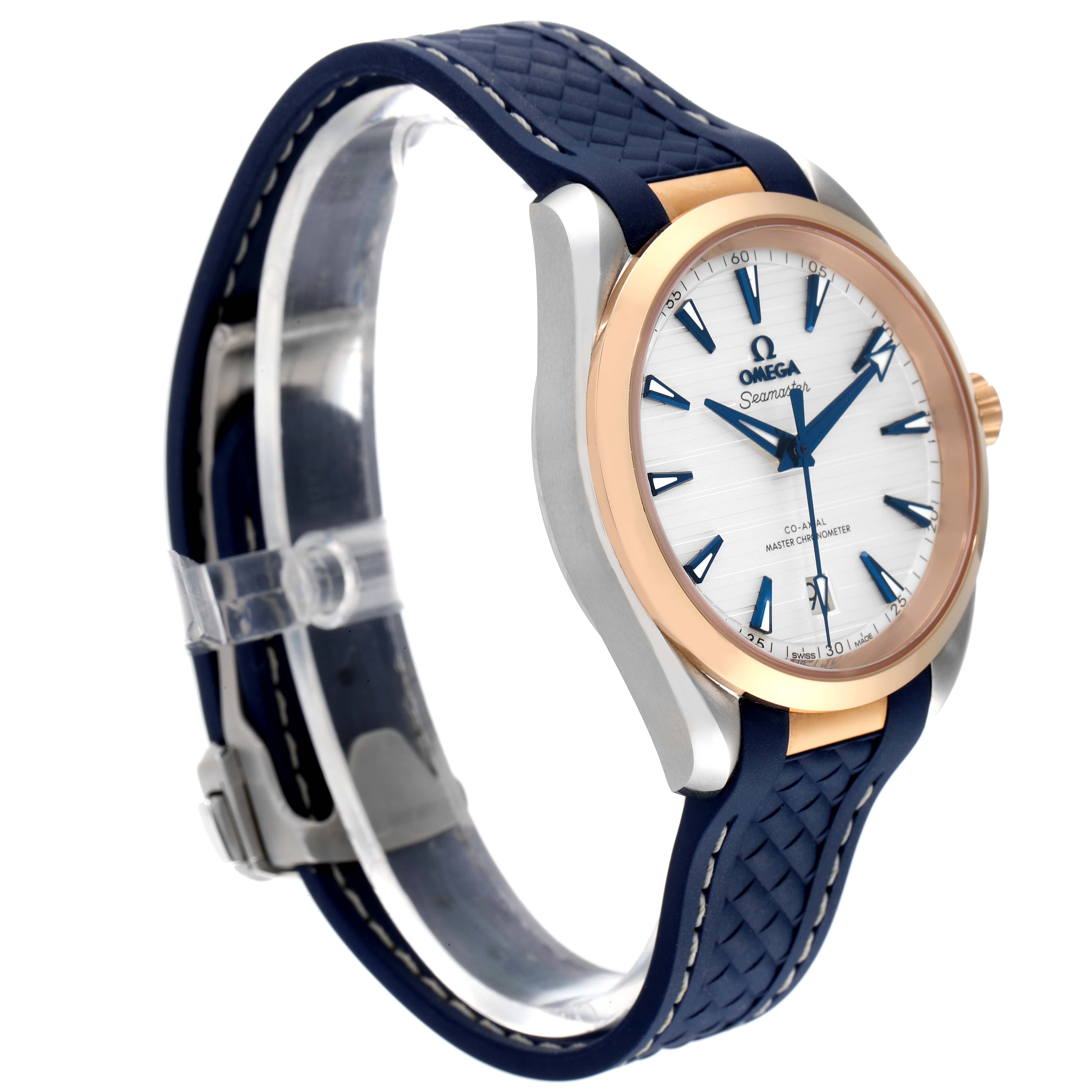 The Omega Aqua Terra 220.22.38.20.02.001 Men's Steel and Gold (two tone) Silver Dial 220.22.38.20.02.001 Men's Steel and Gold (two tone) Silver Dial watch is shown at a three-quarter angle, highlighting its dial, bezel, and blue strap.
