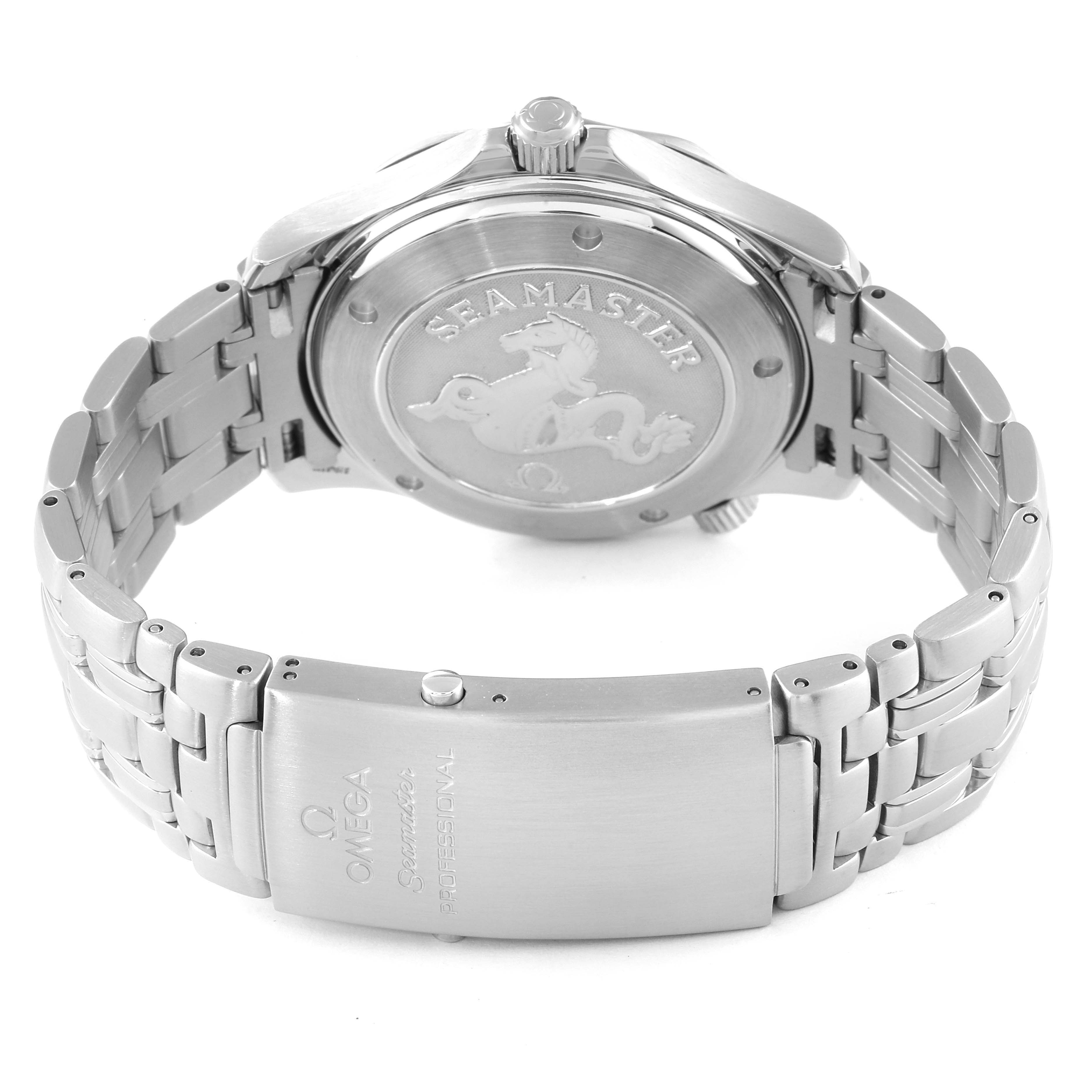 The image shows the back view of the Omega Seamaster 2220.80.00 Men's Stainless Steel Blue Dial 2220.80.00 Men's Stainless Steel Blue Dial watch, highlighting the case back and stainless steel bracelet with clasp.