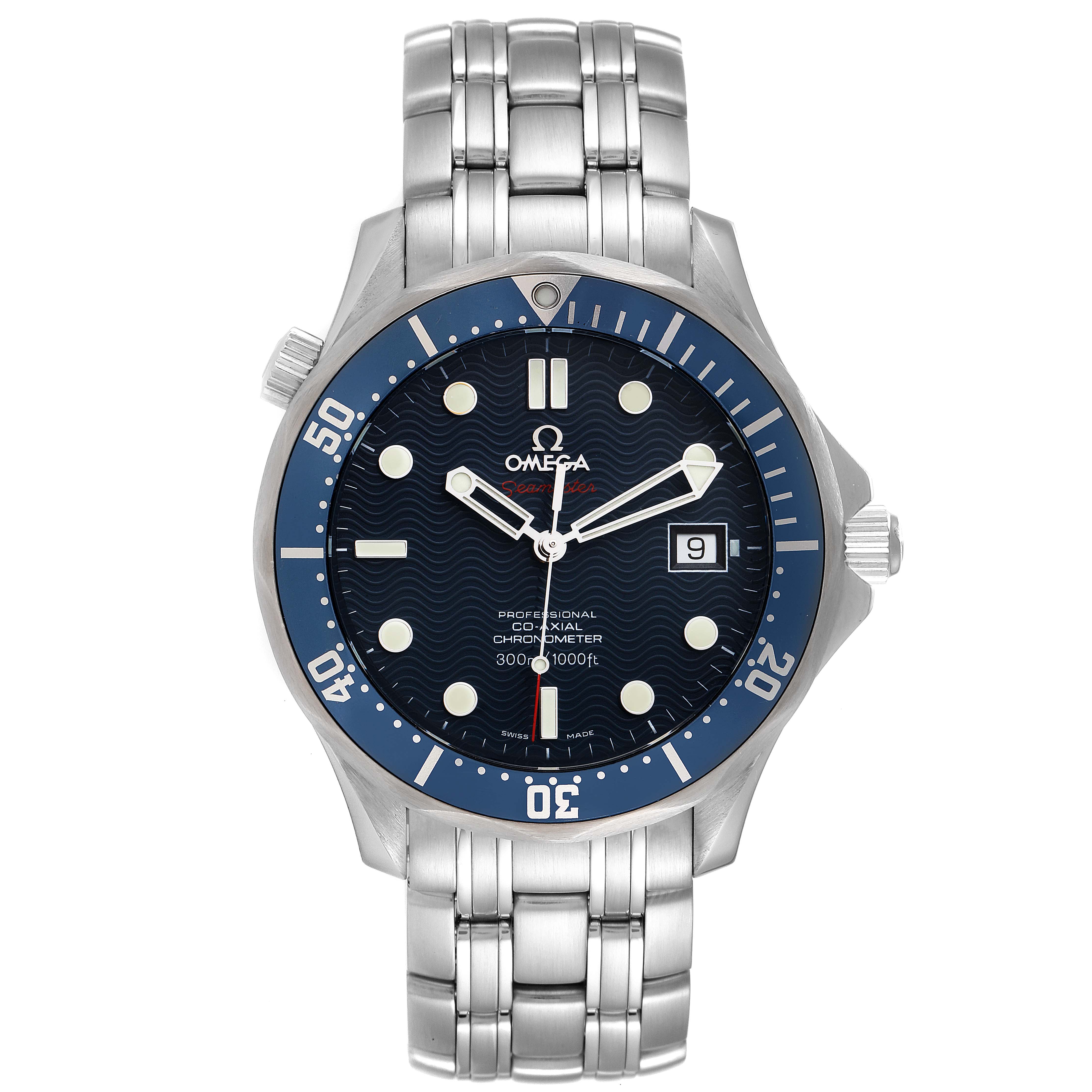 The image shows a front view of an Omega Seamaster 2220.80.00 Men's Stainless Steel Blue Dial 2220.80.00 Men's Stainless Steel Blue Dial watch, displaying the dial, bezel, and metal bracelet.