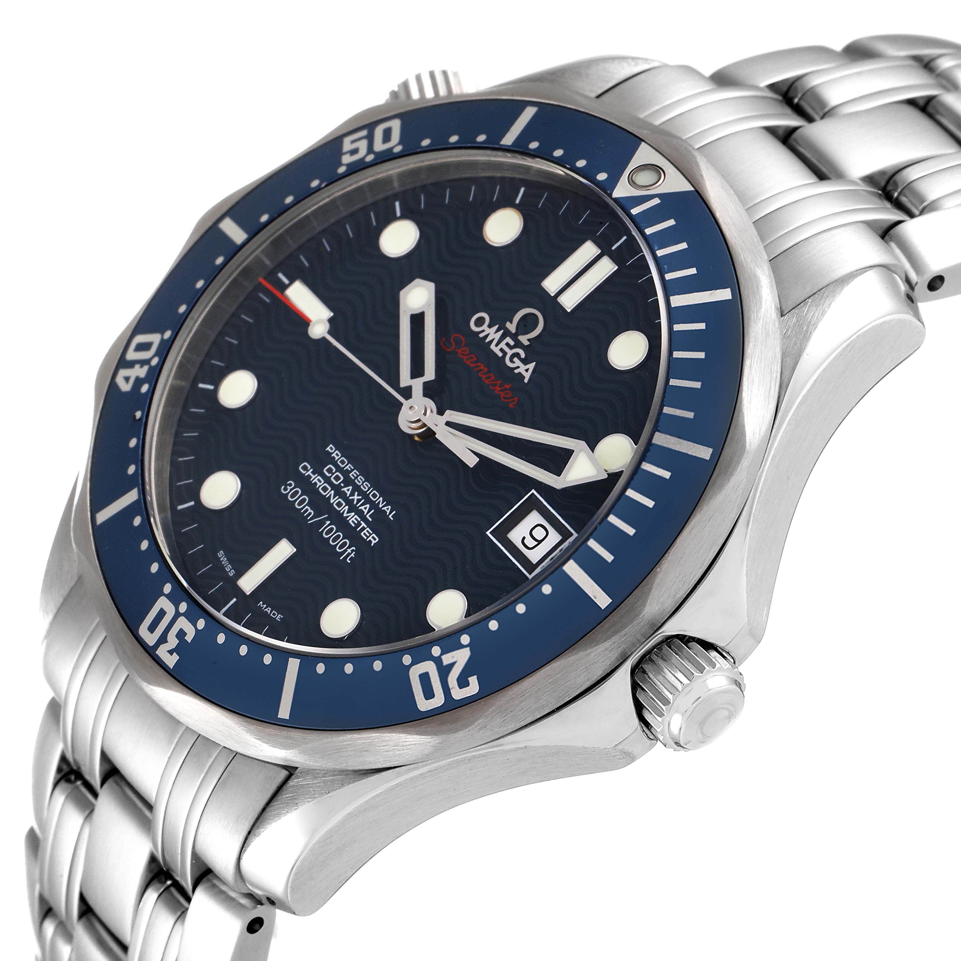 This Omega Seamaster 2220.80.00 Men's Stainless Steel Blue Dial 2220.80.00 Men's Stainless Steel Blue Dial watch is shown at an angled side view, highlighting the bezel, face, crown, and bracelet.