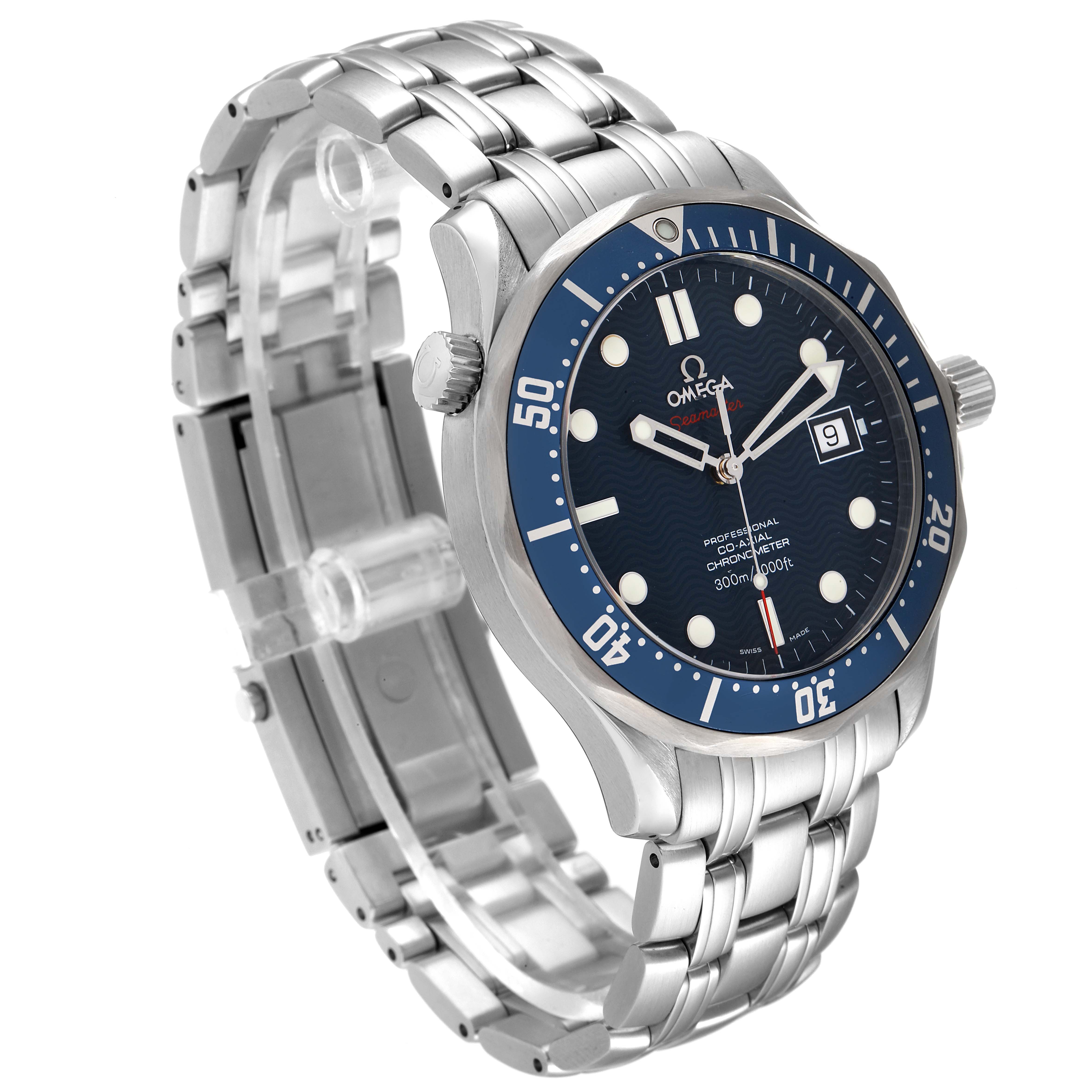 The image shows an Omega Seamaster 2220.80.00 Men's Stainless Steel Blue Dial 2220.80.00 Men's Stainless Steel Blue Dial watch at a three-quarter angle, highlighting its dial, bracelet, bezel, and crown.