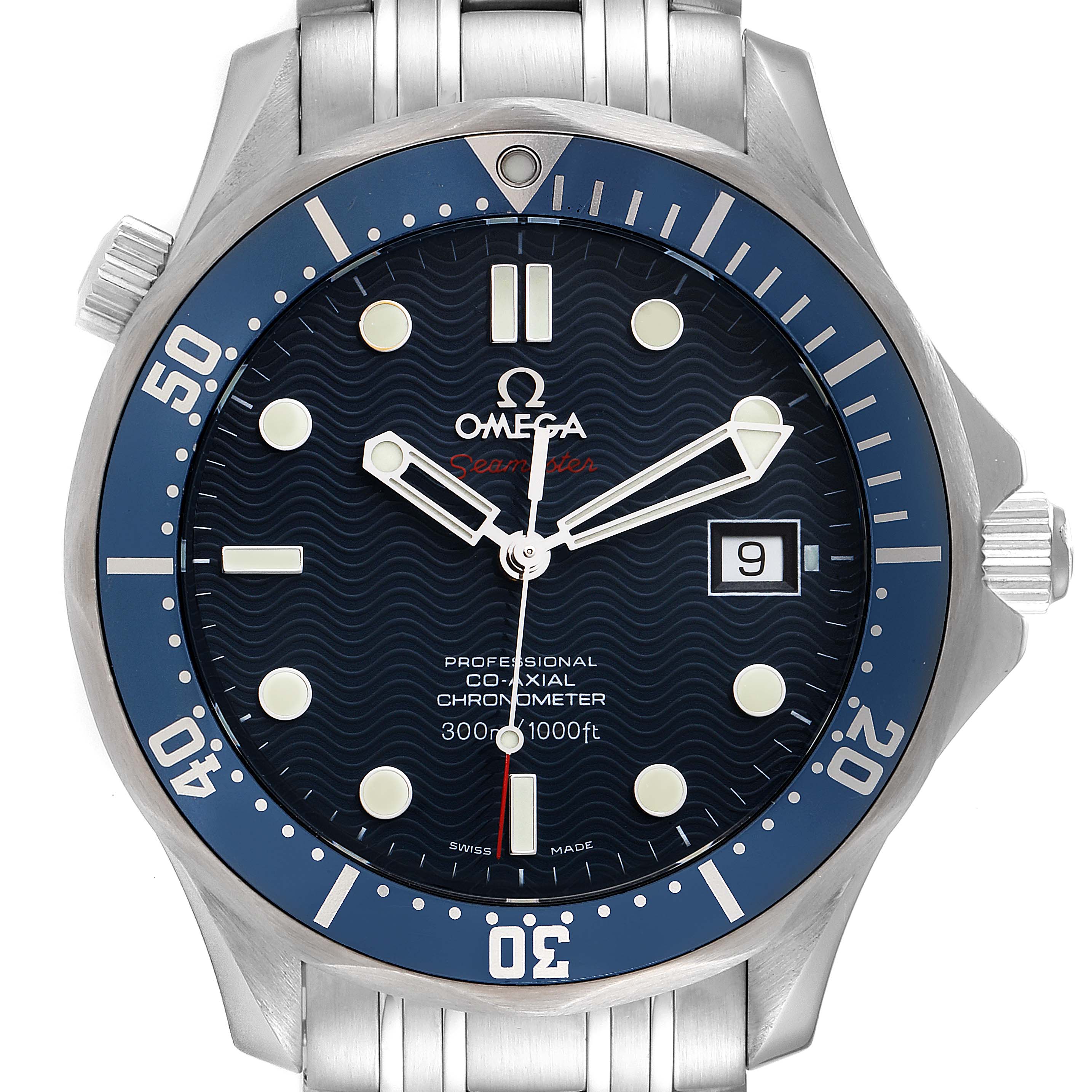 The image shows a front view of the Omega Seamaster 2220.80.00 Men's Stainless Steel Blue Dial 2220.80.00 Men's Stainless Steel Blue Dial watch, featuring its dial, bezel, and part of the metal bracelet.