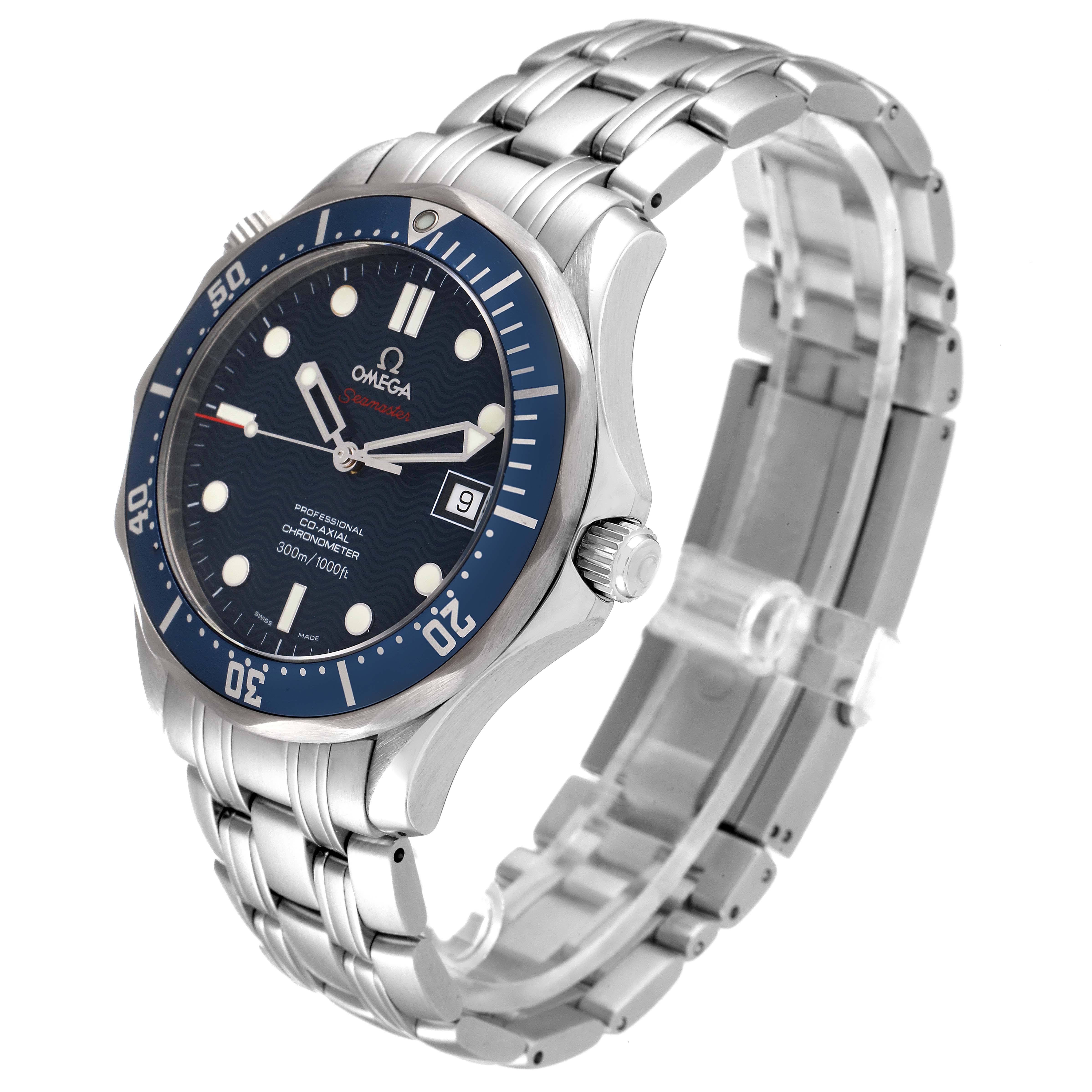 The image displays a side angle of an Omega Seamaster 2220.80.00 Men's Stainless Steel Blue Dial 2220.80.00 Men's Stainless Steel Blue Dial watch, showing the face, bezel, crown, and stainless steel bracelet.