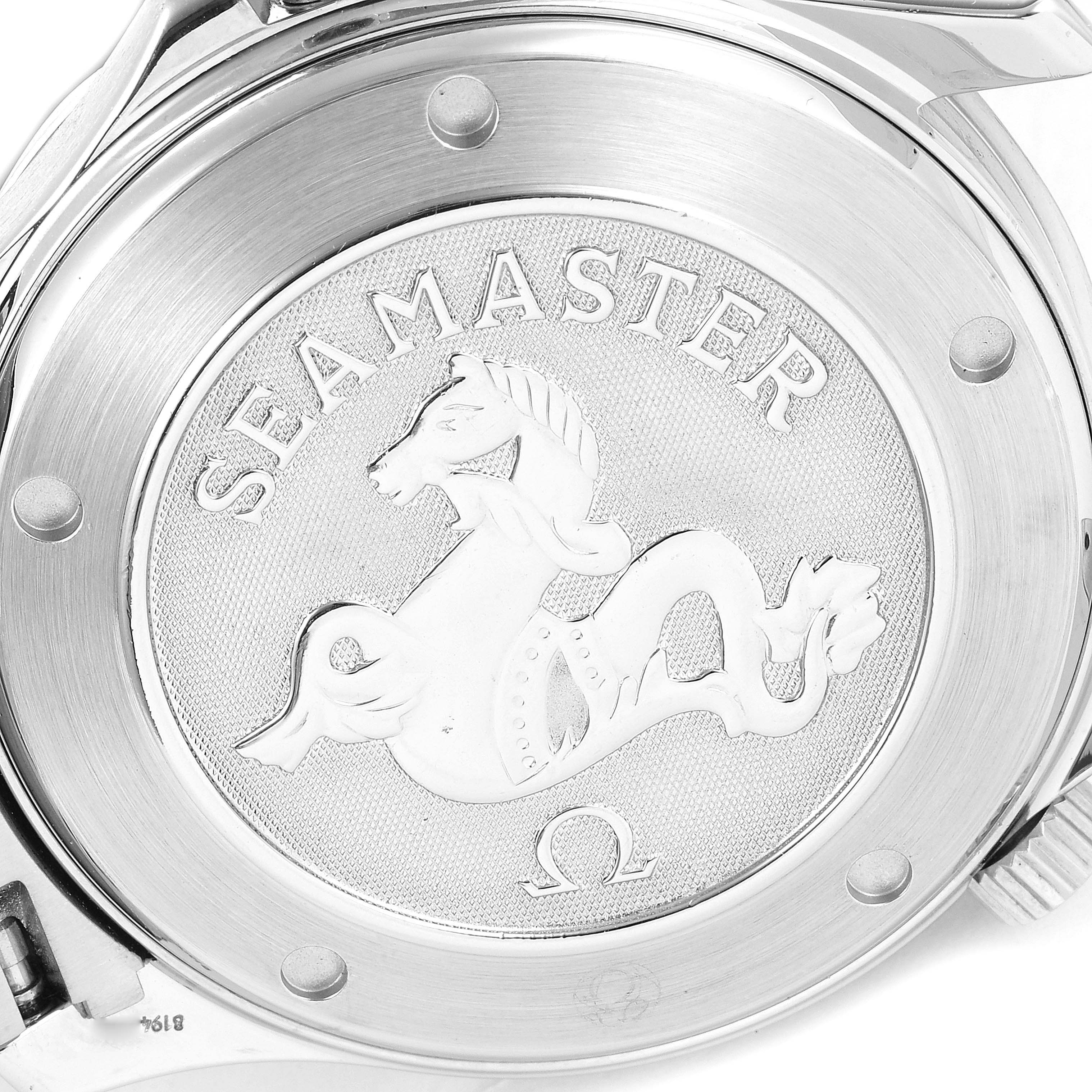 The image shows the case back of an Omega Seamaster 2220.80.00 Men's Stainless Steel Blue Dial 2220.80.00 Men's Stainless Steel Blue Dial watch with the signature logo and emblem.