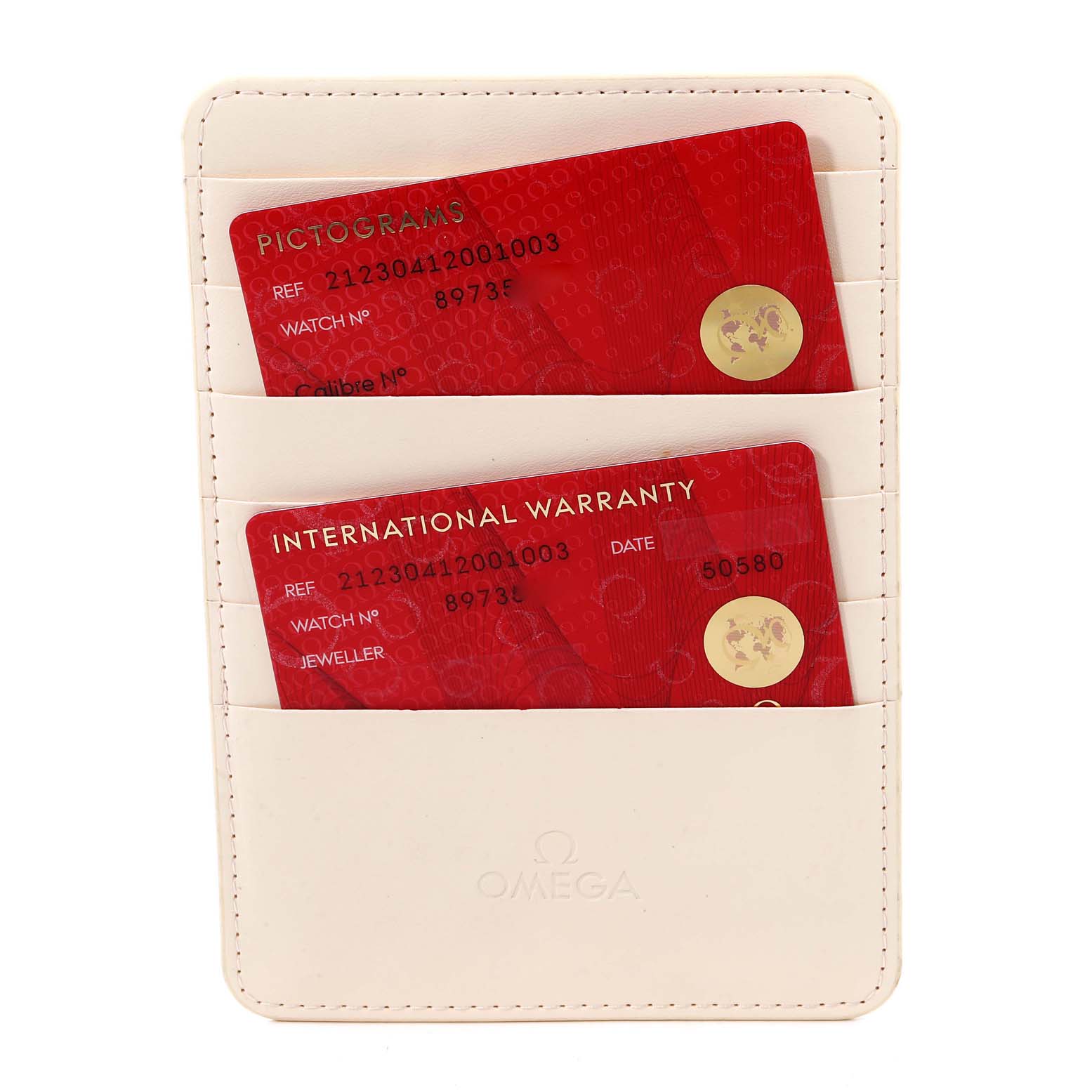 The image shows an Omega cardholder containing pictogram and warranty cards for the Omega Seamaster 212.30.41.20.01.003 Men's Stainless Steel Black Dial 212.30.41.20.01.003 Men's Stainless Steel Black Dial model.