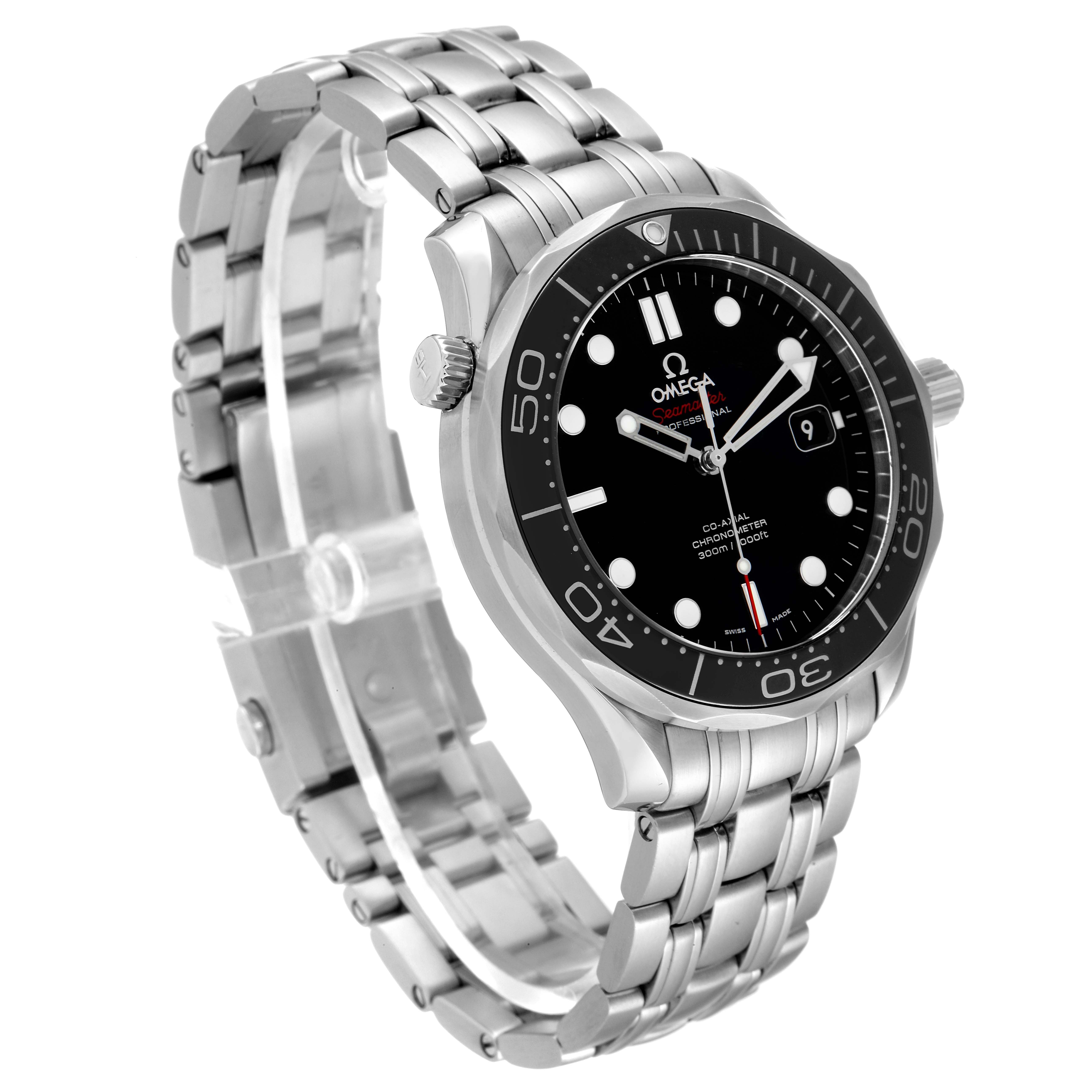 The Omega Seamaster 212.30.41.20.01.003 Men's Stainless Steel Black Dial 212.30.41.20.01.003 Men's Stainless Steel Black Dial watch is shown at a three-quarter angle displaying the bracelet, bezel, and face clearly.