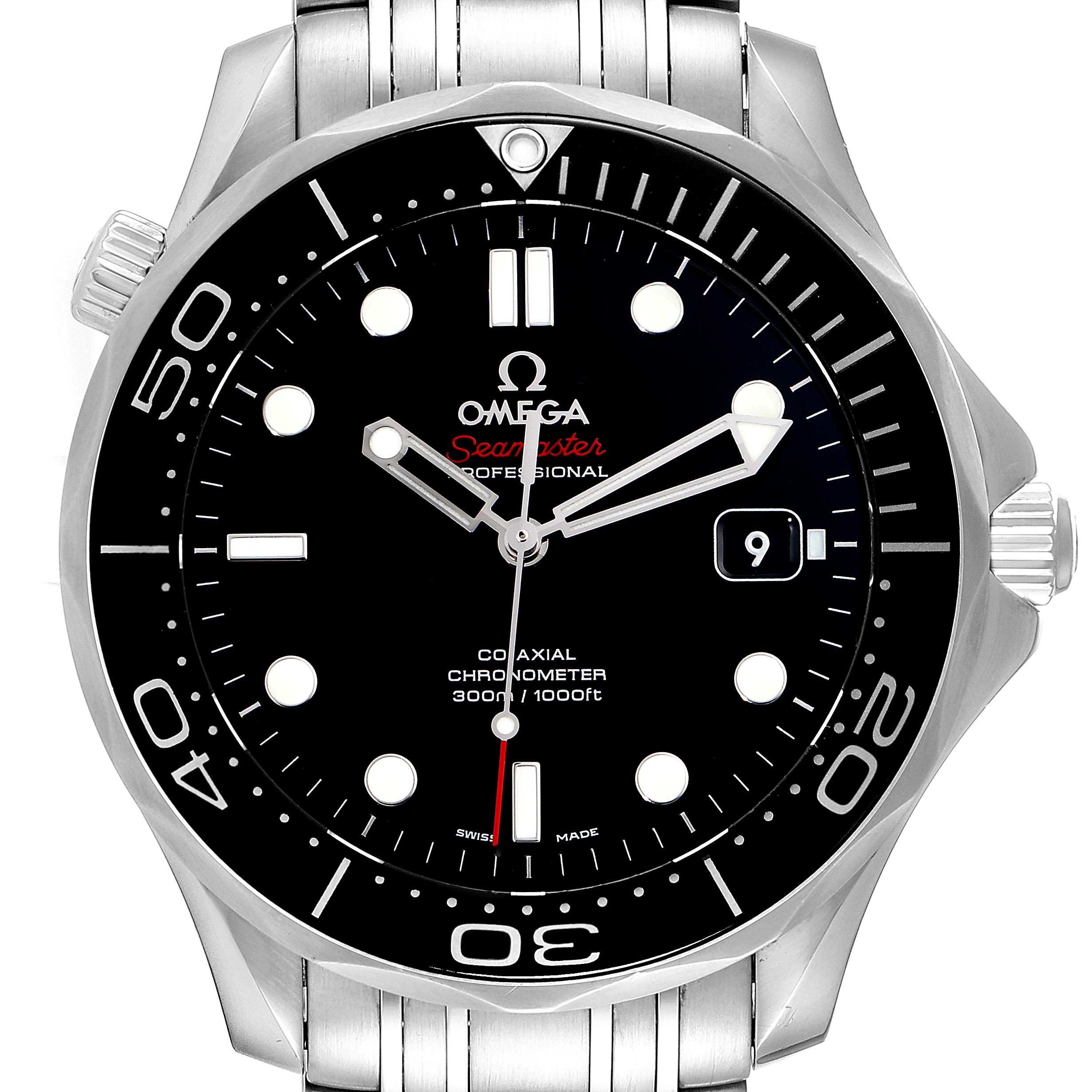 The image shows a front view of the Omega Seamaster 212.30.41.20.01.003 Men's Stainless Steel Black Dial 212.30.41.20.01.003 Men's Stainless Steel Black Dial watch, highlighting its dial and bezel.