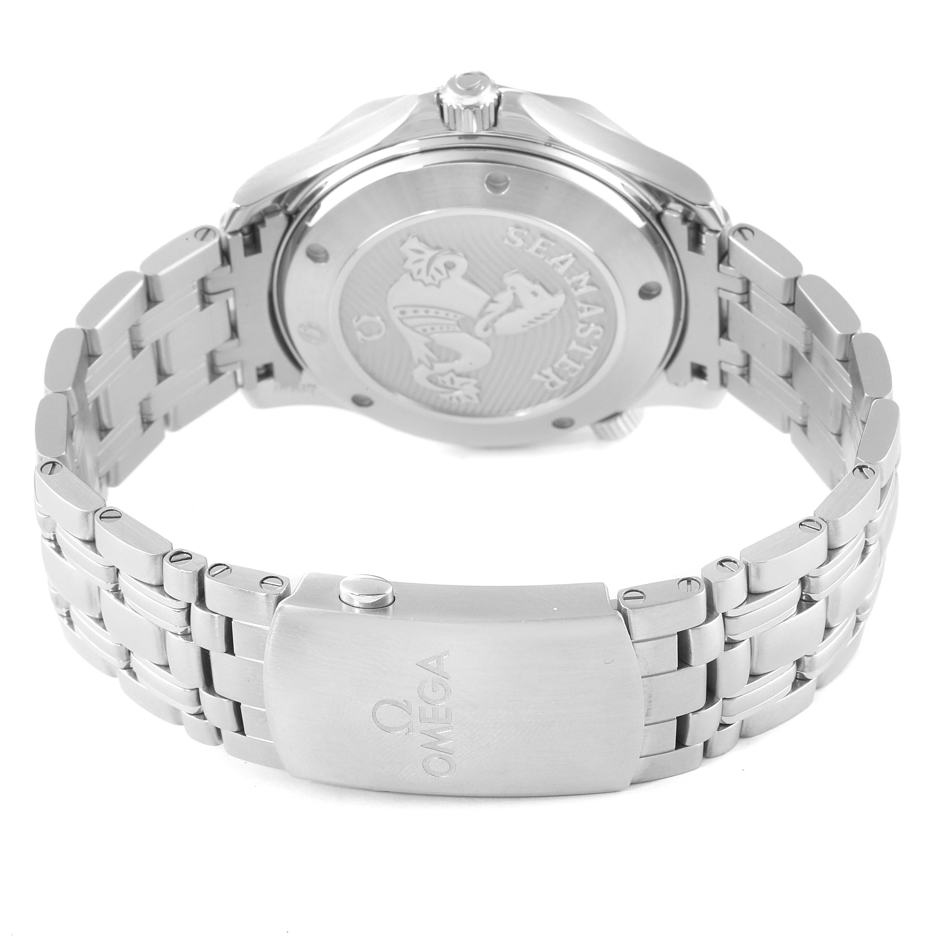 This image shows the back view of the Omega Seamaster 212.30.41.20.01.003 Men's Stainless Steel Black Dial 212.30.41.20.01.003 Men's Stainless Steel Black Dial watch, highlighting the clasp and engraved case back.