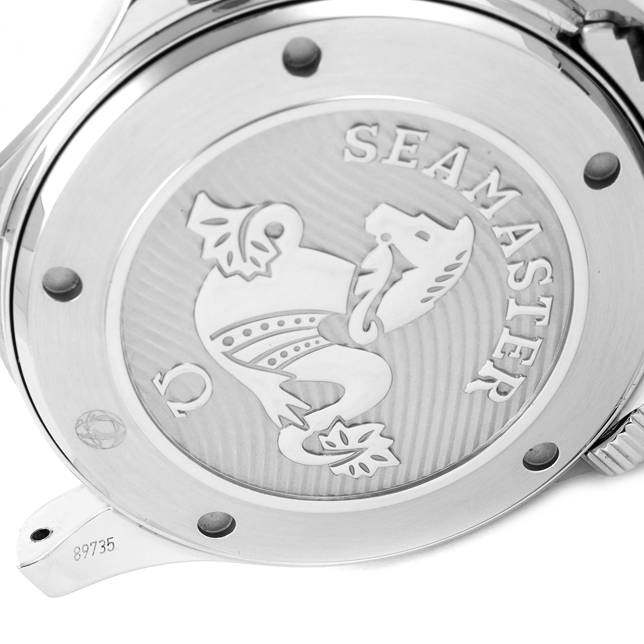 This image shows the back case of an Omega Seamaster 212.30.41.20.01.003 Men's Stainless Steel Black Dial 212.30.41.20.01.003 Men's Stainless Steel Black Dial watch, featuring an engraved seahorse and branding.