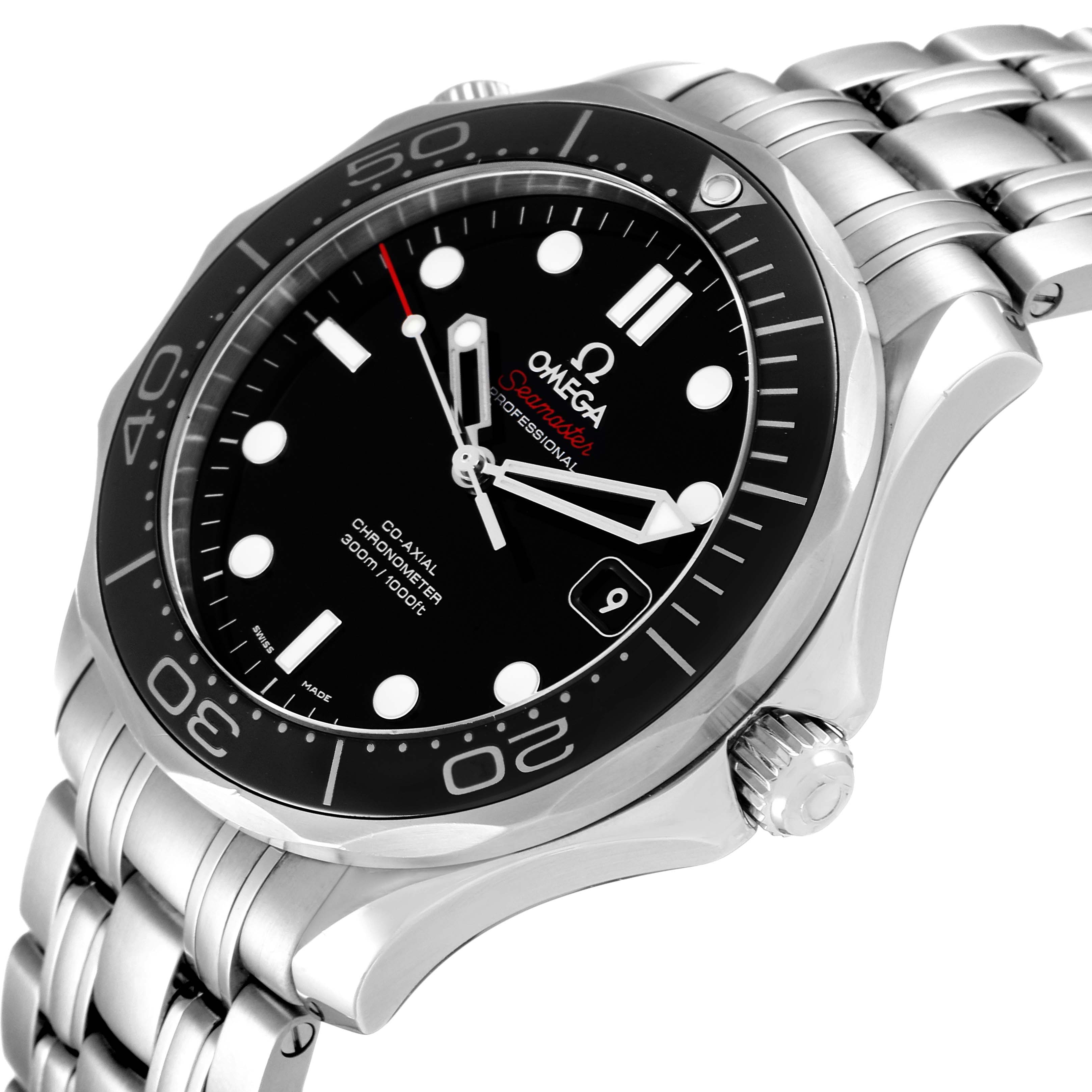 The image shows an Omega Seamaster 212.30.41.20.01.003 Men's Stainless Steel Black Dial 212.30.41.20.01.003 Men's Stainless Steel Black Dial watch at an angled side view, highlighting the face, bezel, crown, and part of the bracelet.