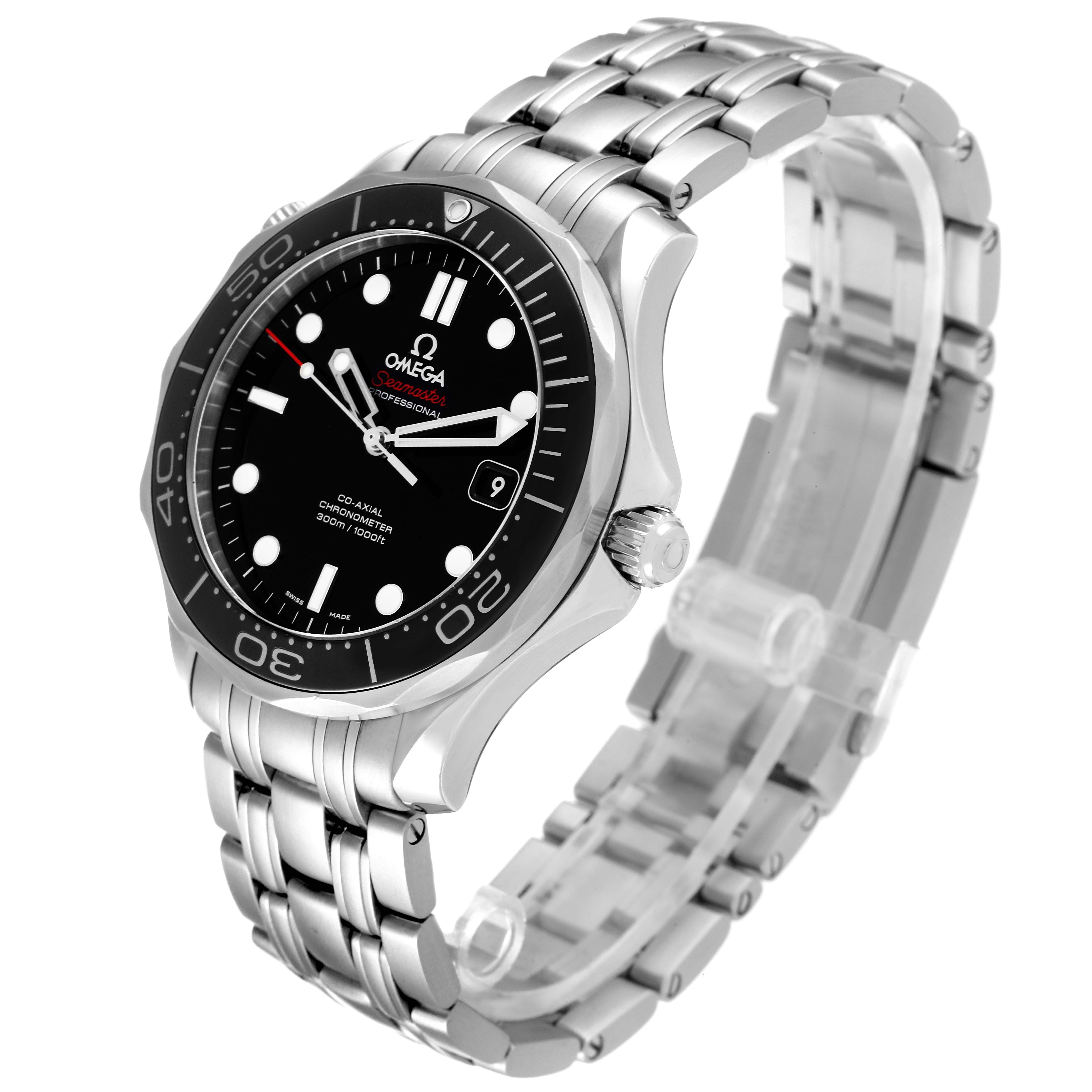 The image shows an Omega Seamaster 212.30.41.20.01.003 Men's Stainless Steel Black Dial 212.30.41.20.01.003 Men's Stainless Steel Black Dial watch at an oblique angle, detailing its bezel, dial, crown, and stainless steel bracelet.