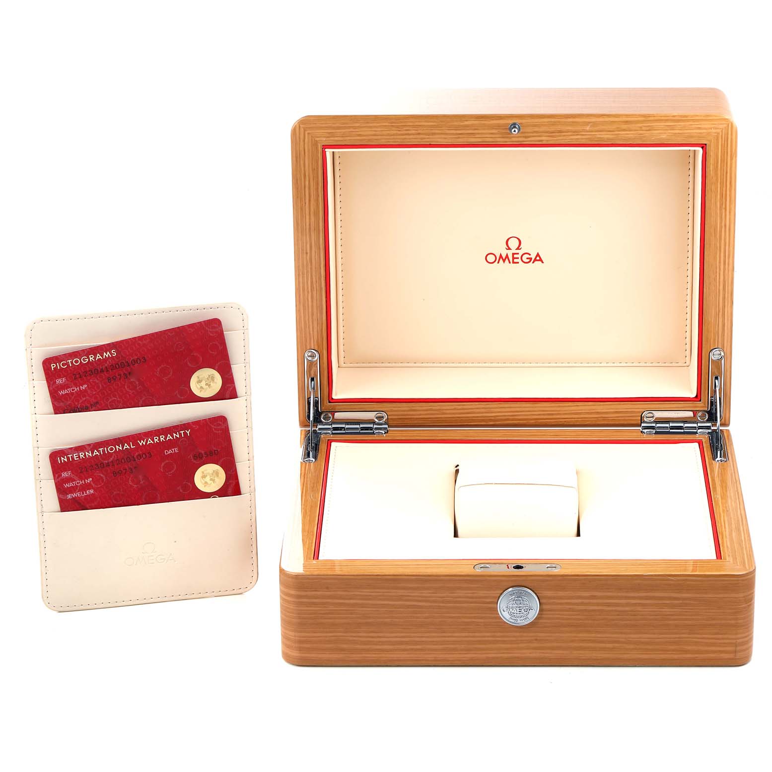 The image shows an open Omega Seamaster 212.30.41.20.01.003 Men's Stainless Steel Black Dial 212.30.41.20.01.003 Men's Stainless Steel Black Dial watch box and warranty cards in a holder.