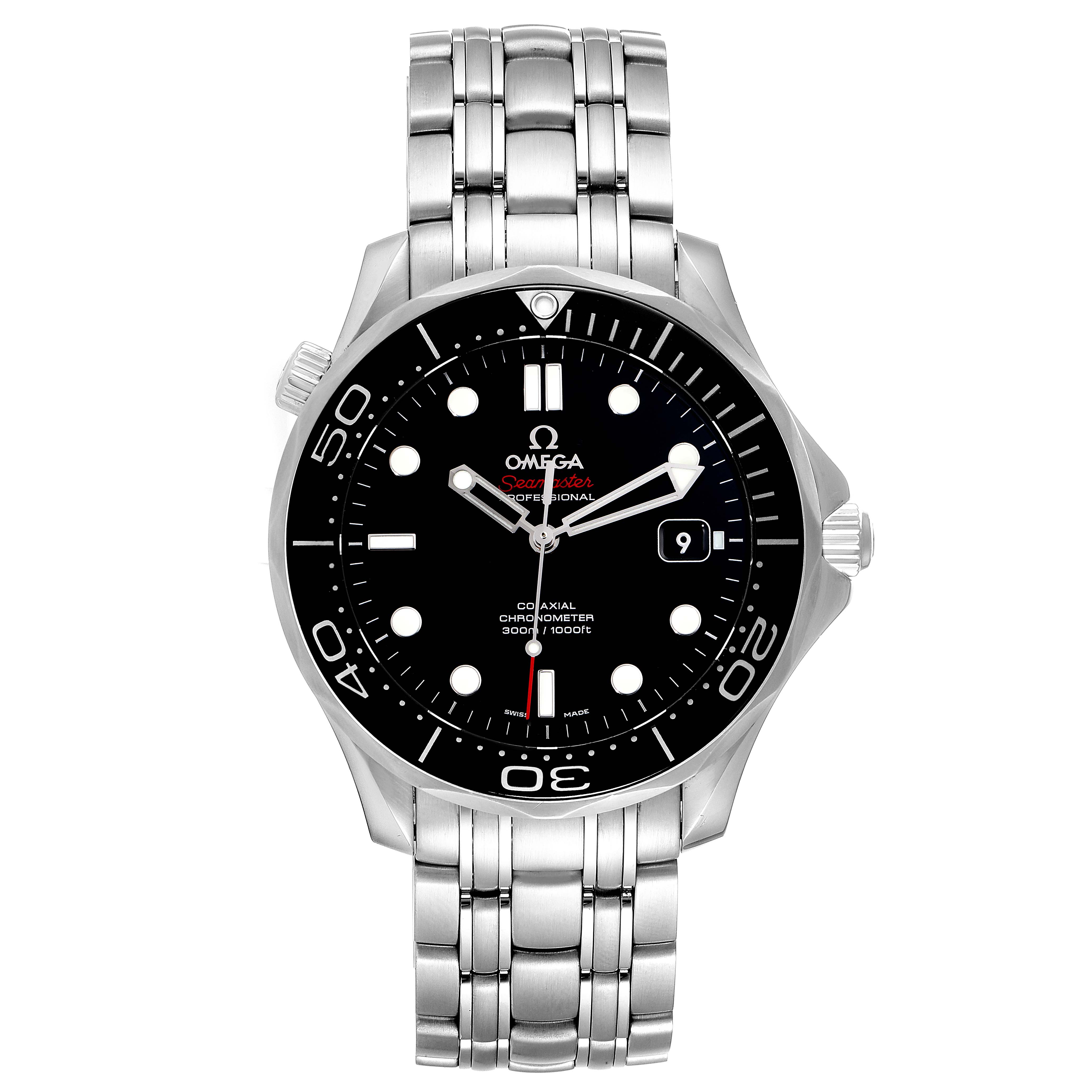 The image shows a front view of the Omega Seamaster 212.30.41.20.01.003 Men's Stainless Steel Black Dial 212.30.41.20.01.003 Men's Stainless Steel Black Dial watch, highlighting its face, bezel, and bracelet.