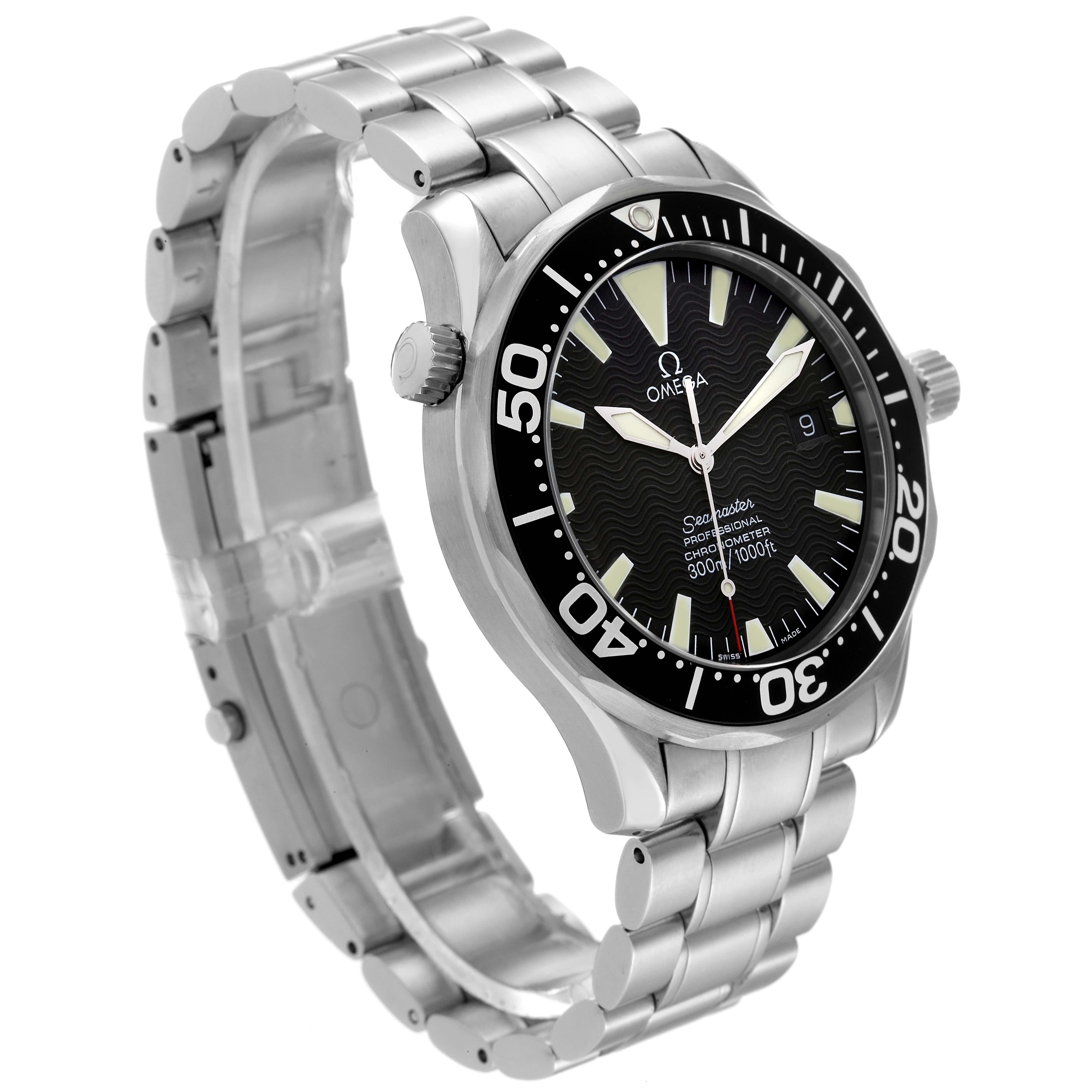 The Omega Seamaster 2254.50.00 Men's Stainless Steel Black Dial 2254.50.00 Men's Stainless Steel Black Dial watch is shown at a three-quarter angle highlighting the face, bezel, and stainless steel bracelet.