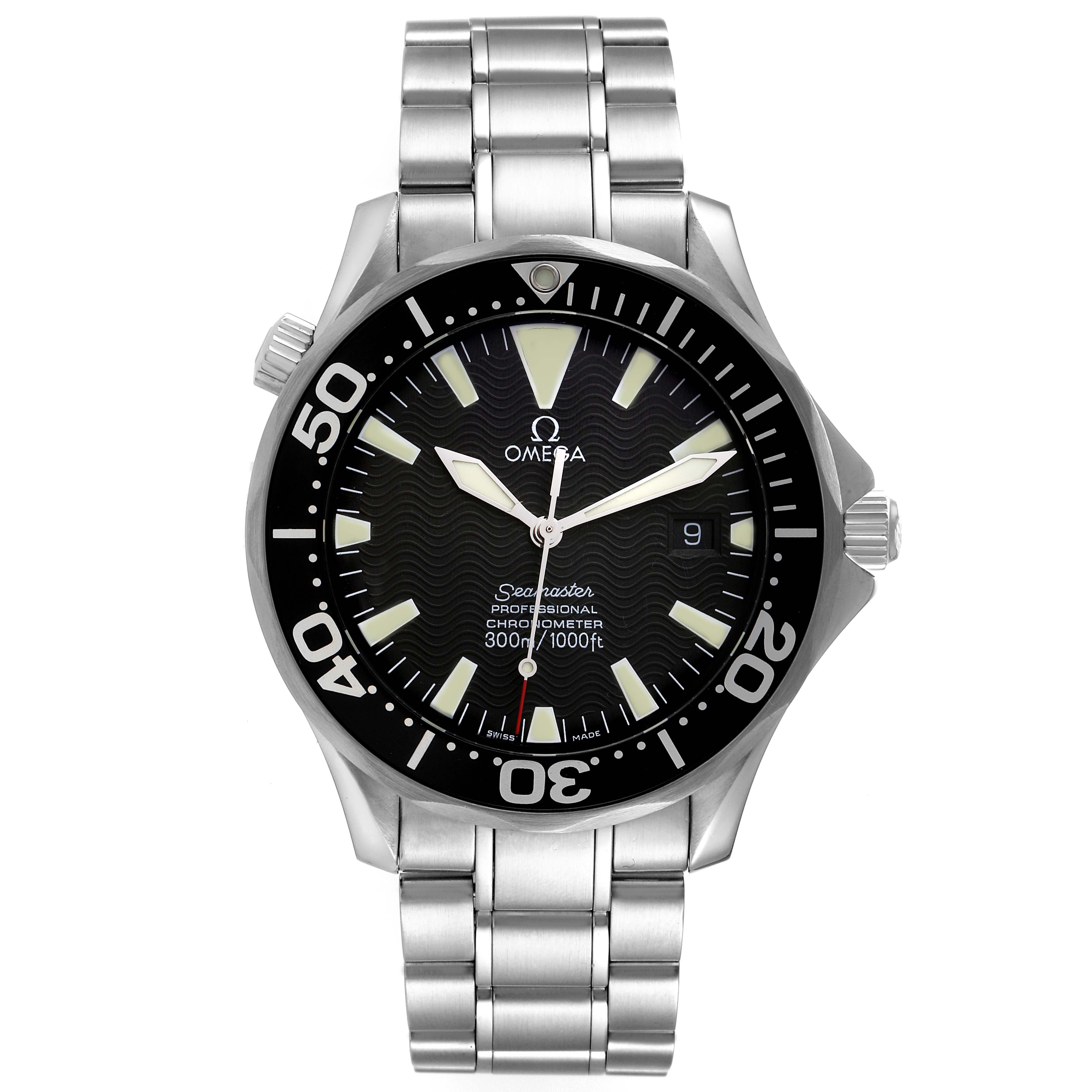 The image shows a front view of an Omega Seamaster 2254.50.00 Men's Stainless Steel Black Dial 2254.50.00 Men's Stainless Steel Black Dial watch, detailing its face, bezel, bracelet, and crown.