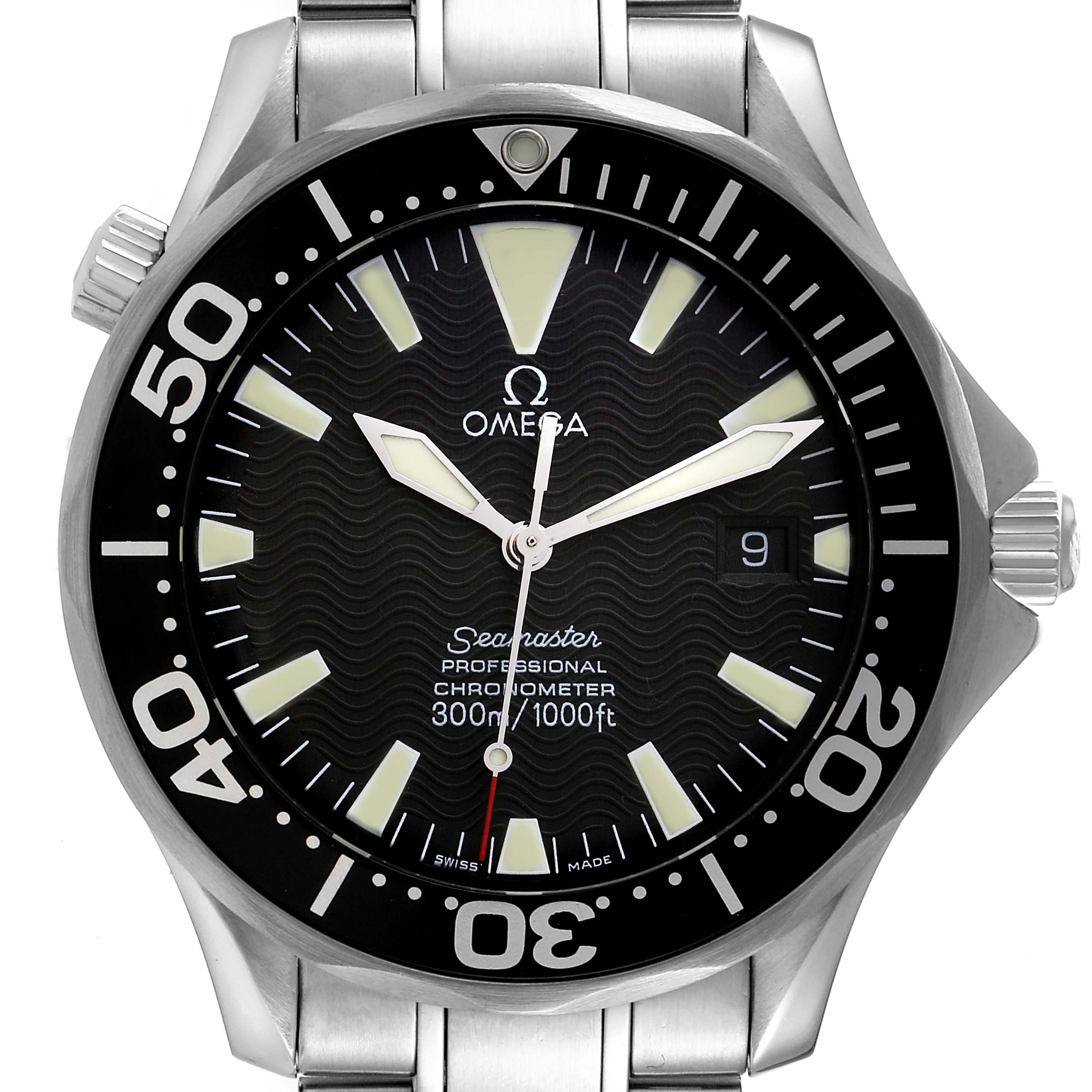 The image shows the front view of an Omega Seamaster 2254.50.00 Men's Stainless Steel Black Dial 2254.50.00 Men's Stainless Steel Black Dial watch, highlighting its dial, bezel, and part of the metal bracelet.
