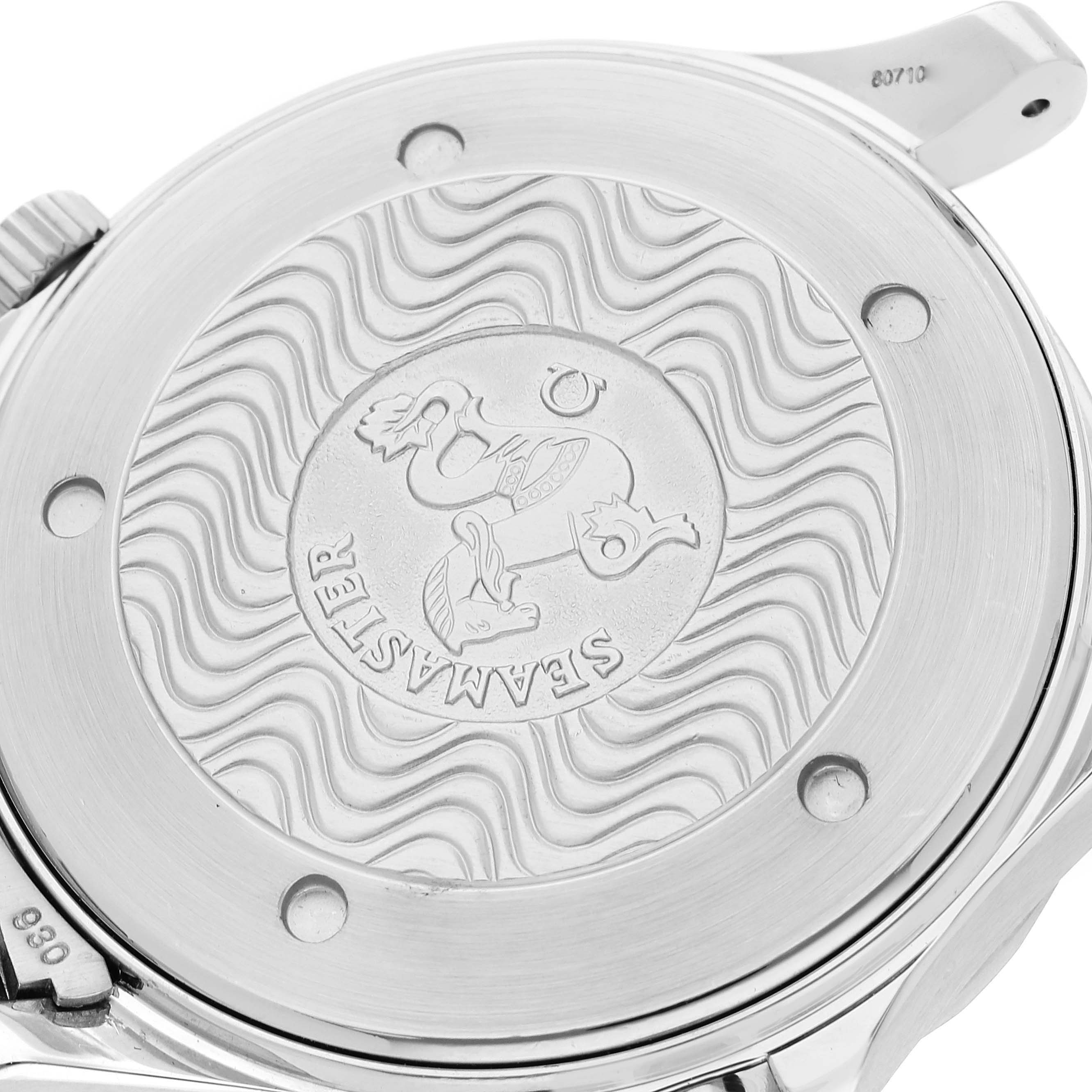 The image shows the case back of the Omega Seamaster 2254.50.00 Men's Stainless Steel Black Dial 2254.50.00 Men's Stainless Steel Black Dial watch, featuring an embossed design and branding.