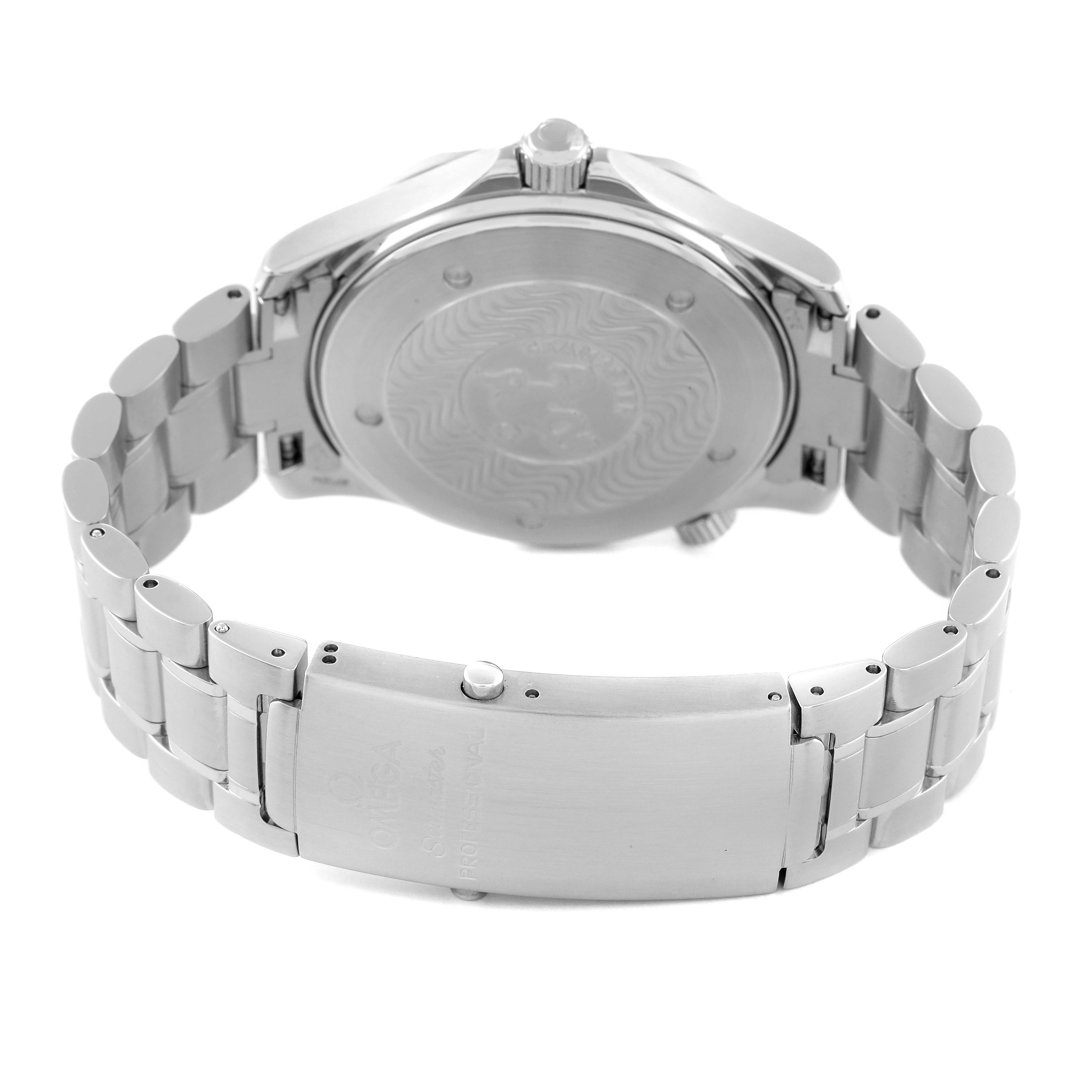 The image shows the back and clasp of an Omega Seamaster 2254.50.00 Men's Stainless Steel Black Dial 2254.50.00 Men's Stainless Steel Black Dial watch, highlighting the stainless steel bracelet and case back.