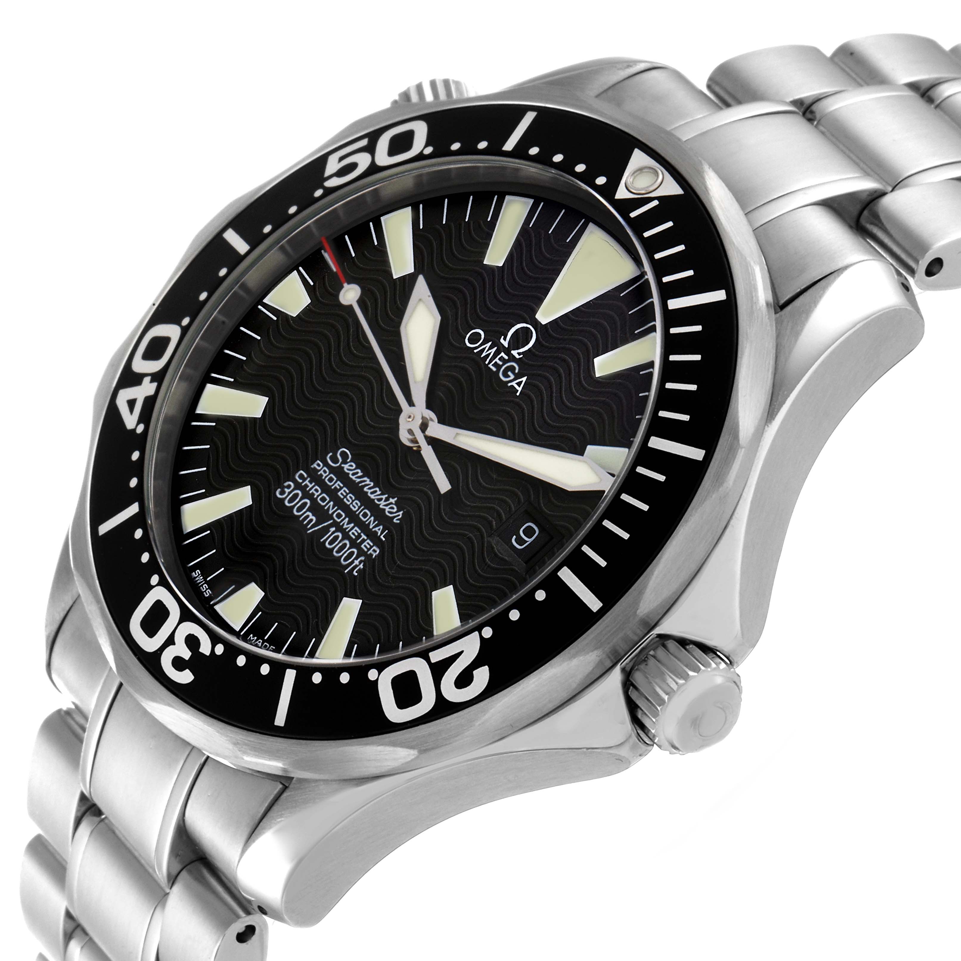 The image shows a side angle view of the Omega Seamaster 2254.50.00 Men's Stainless Steel Black Dial 2254.50.00 Men's Stainless Steel Black Dial watch, highlighting its bezel, dial, and stainless steel bracelet.