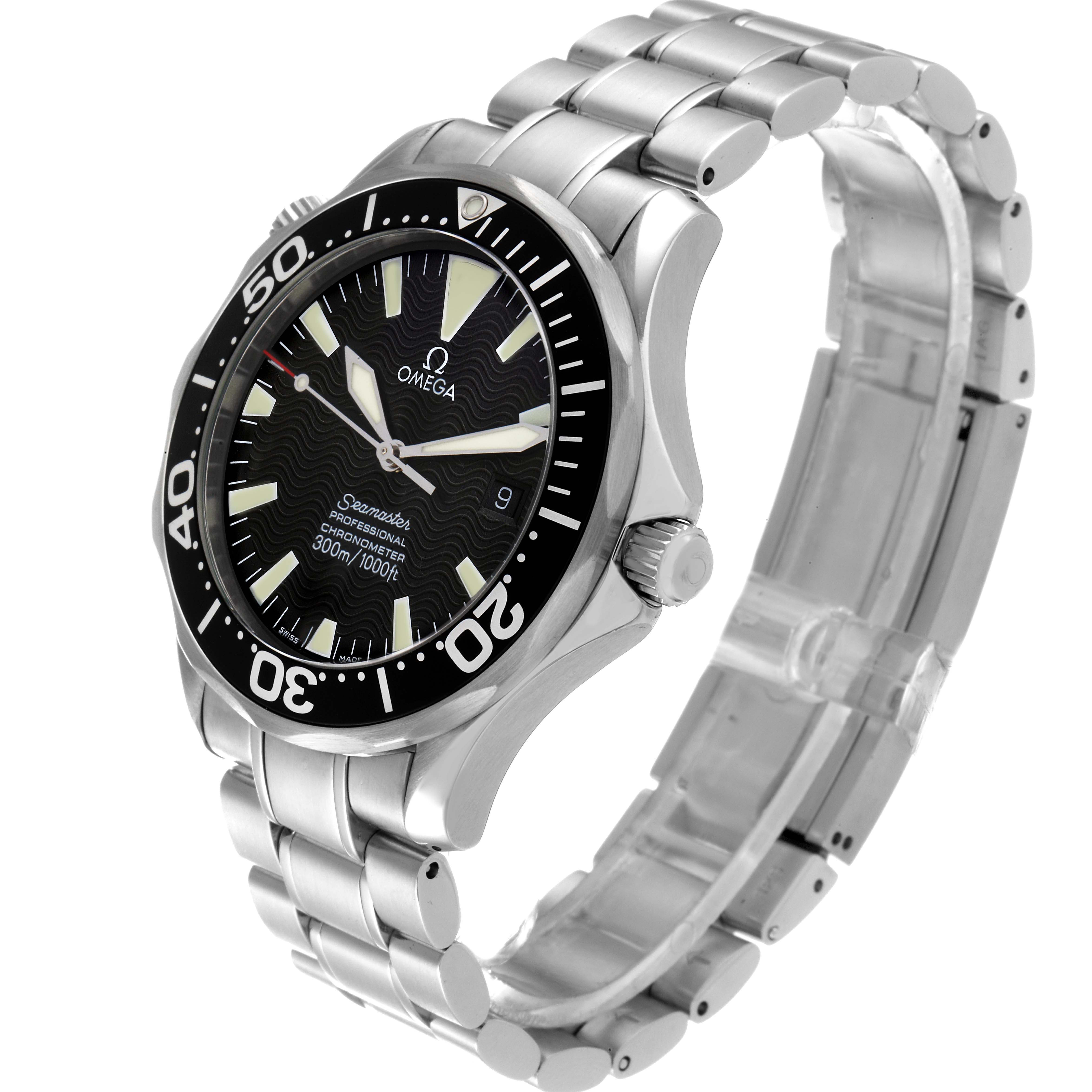 The Omega Seamaster 2254.50.00 Men's Stainless Steel Black Dial 2254.50.00 Men's Stainless Steel Black Dial watch is shown at a slight side angle, highlighting its face, bezel, crown, and stainless steel bracelet.