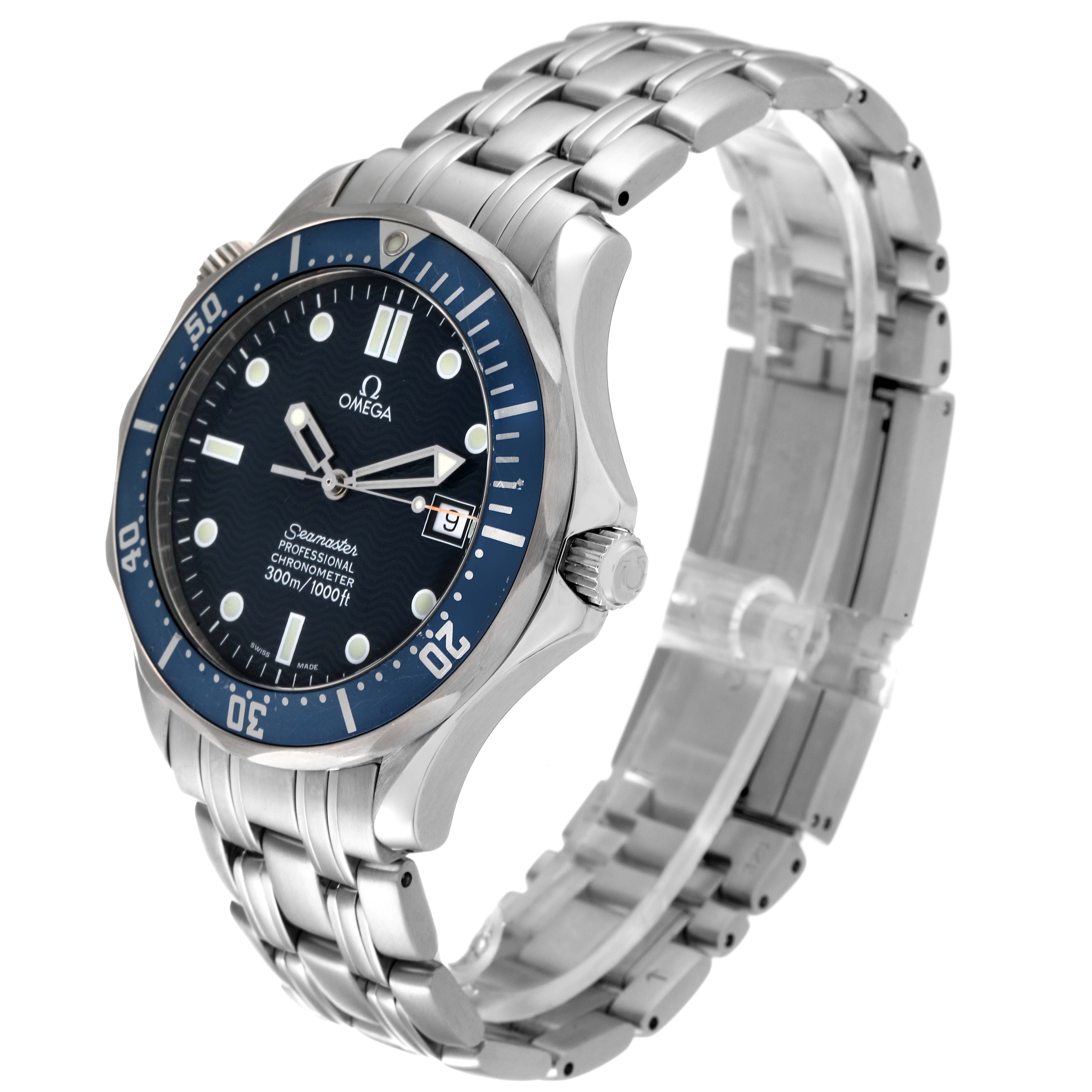 This image features an Omega Seamaster 2531.80.00 Men's Stainless Steel Blue Dial 2531.80.00 Men's Stainless Steel Blue Dial watch angled to show the face, bezel, crown, bracelet, and clasp.