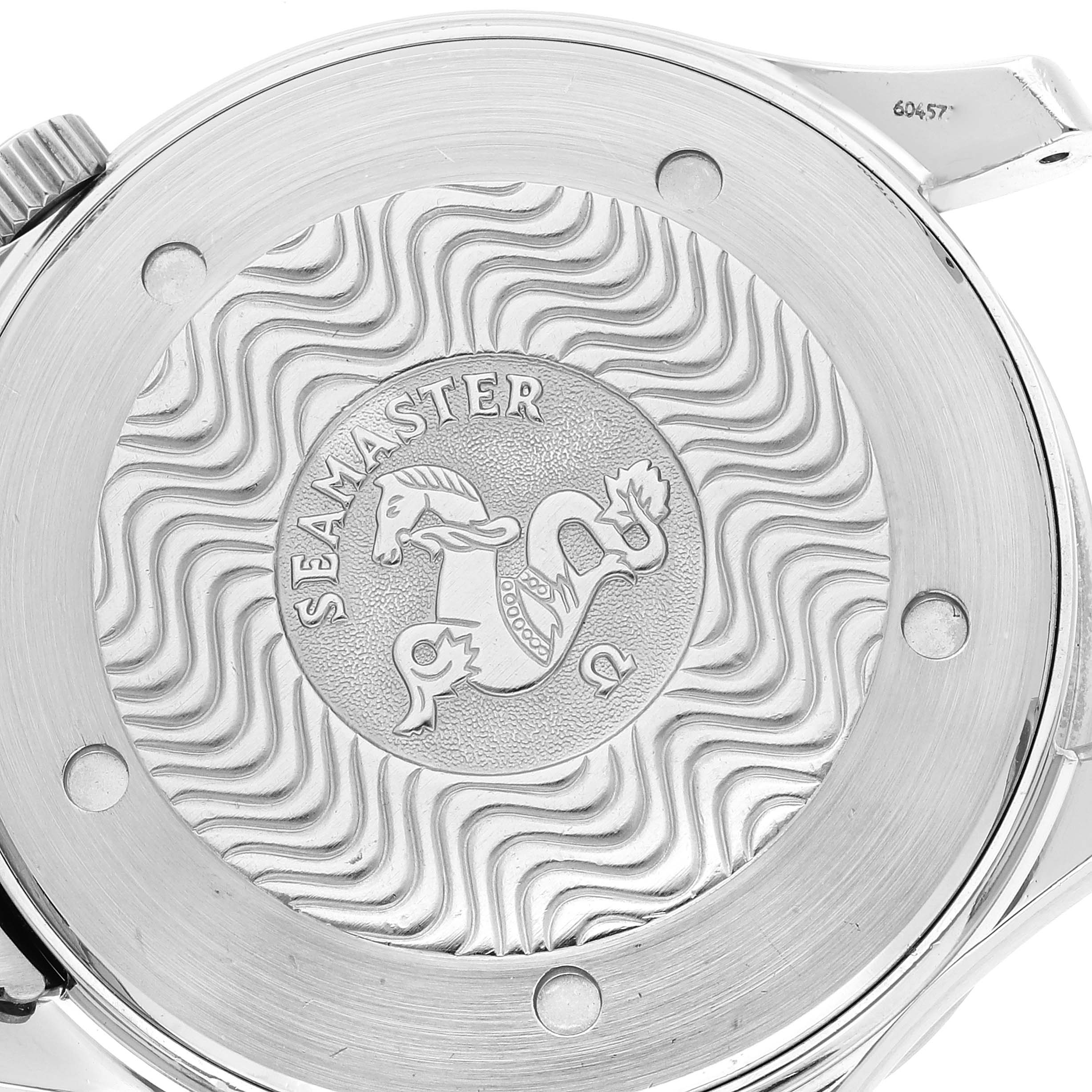 The image shows the engraved case back of an Omega Seamaster 2531.80.00 Men's Stainless Steel Blue Dial 2531.80.00 Men's Stainless Steel Blue Dial watch, viewed from the back.