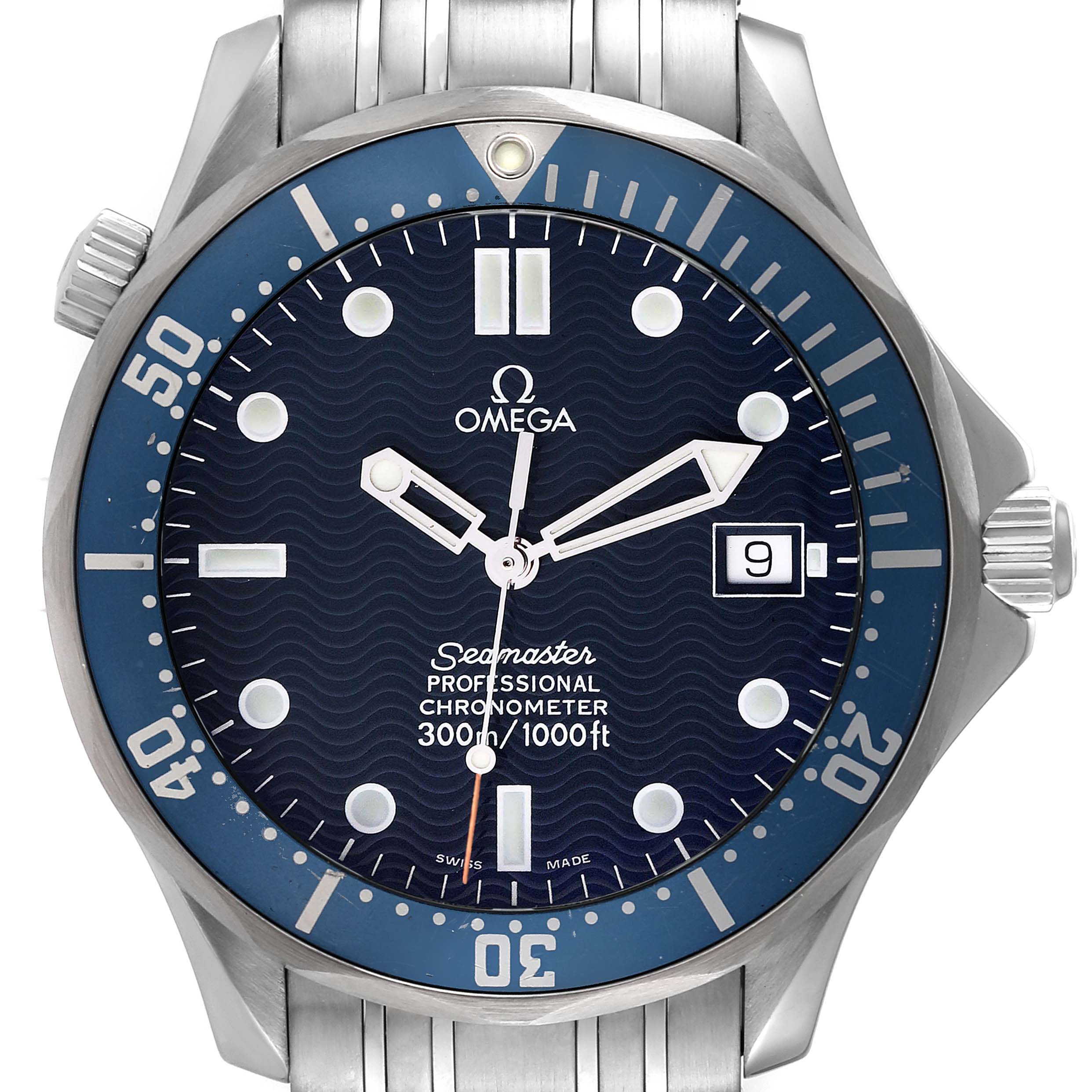 The image shows a front view of the Omega Seamaster 2531.80.00 Men's Stainless Steel Blue Dial 2531.80.00 Men's Stainless Steel Blue Dial watch, highlighting the dial, hands, date window, case, and bracelet.