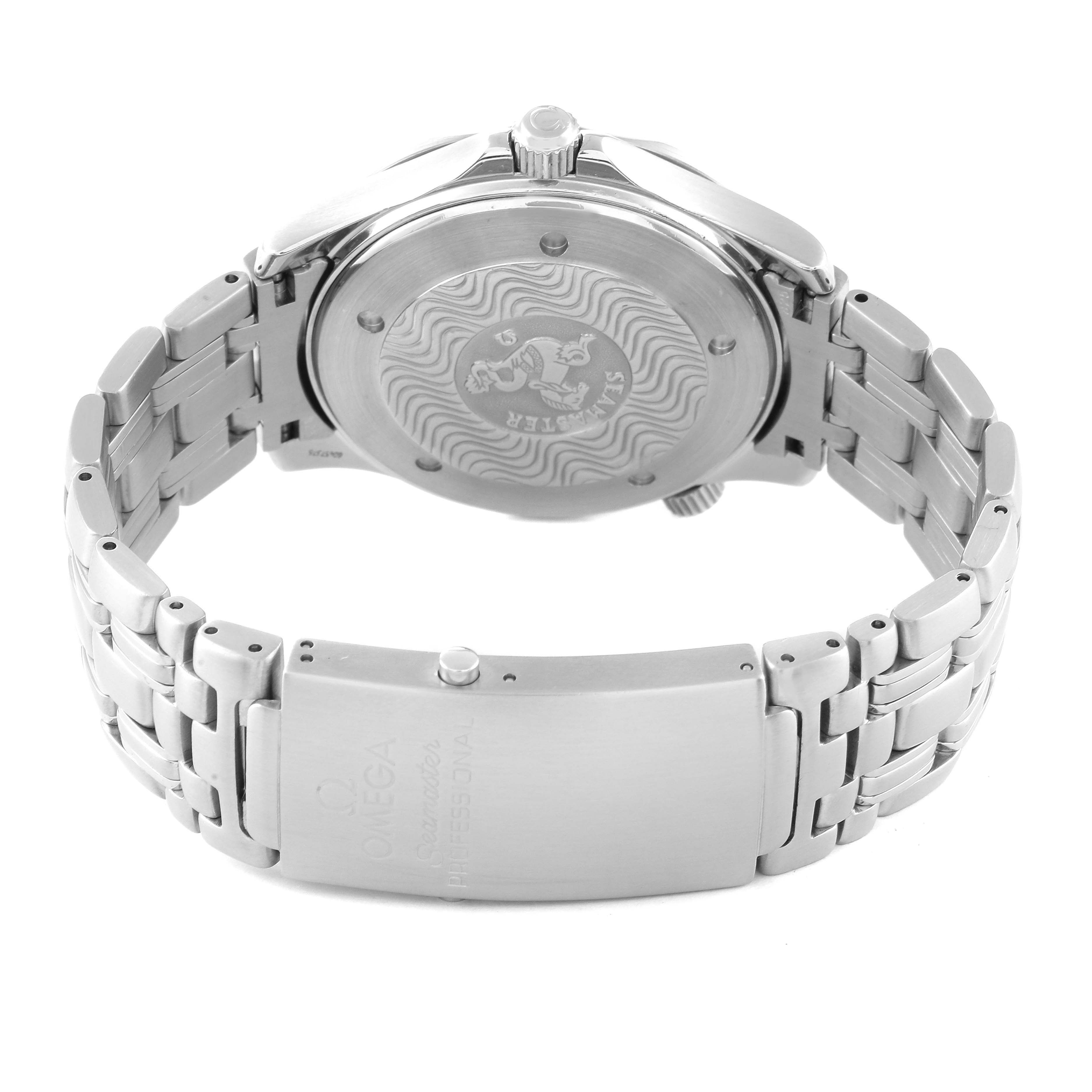 The image shows the back view of an Omega Seamaster 2531.80.00 Men's Stainless Steel Blue Dial 2531.80.00 Men's Stainless Steel Blue Dial watch, highlighting the clasp, bracelet, and case back.