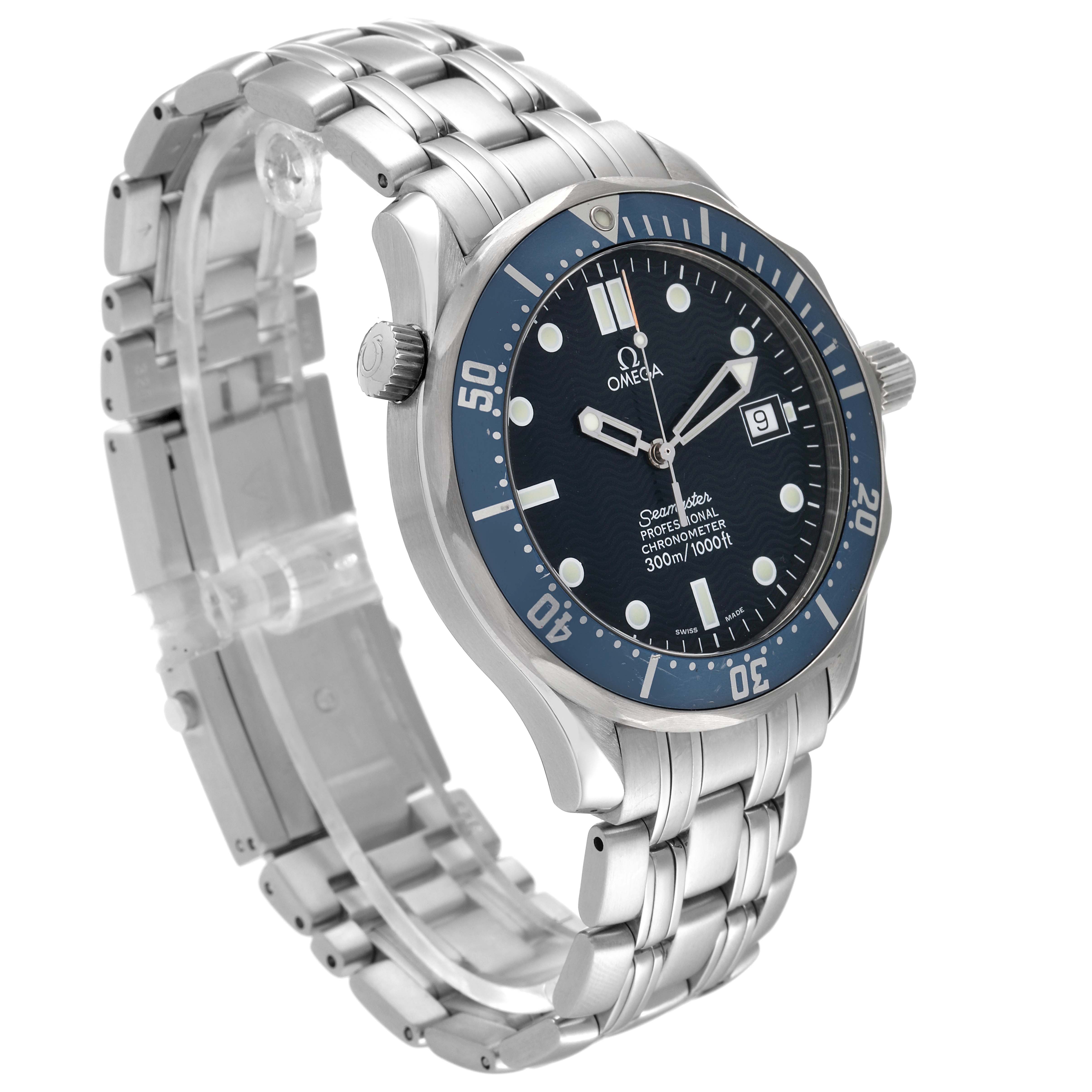 This image shows a side and front view angle of an Omega Seamaster 2531.80.00 Men's Stainless Steel Blue Dial 2531.80.00 Men's Stainless Steel Blue Dial watch, highlighting the dial, bezel, and stainless steel bracelet.
