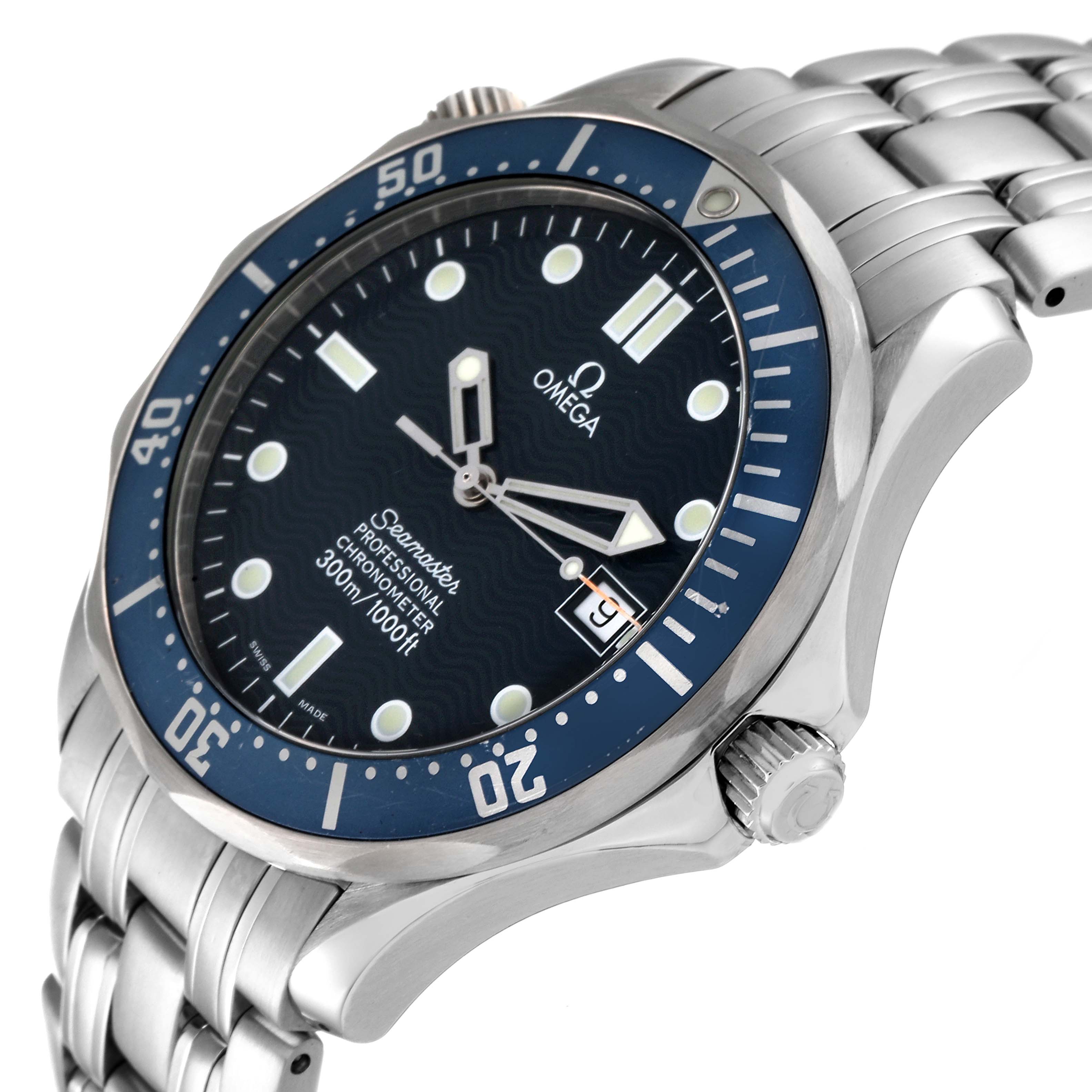 The Omega Seamaster 2531.80.00 Men's Stainless Steel Blue Dial 2531.80.00 Men's Stainless Steel Blue Dial watch is shown at an angle emphasizing the face, bezel, and bracelet.