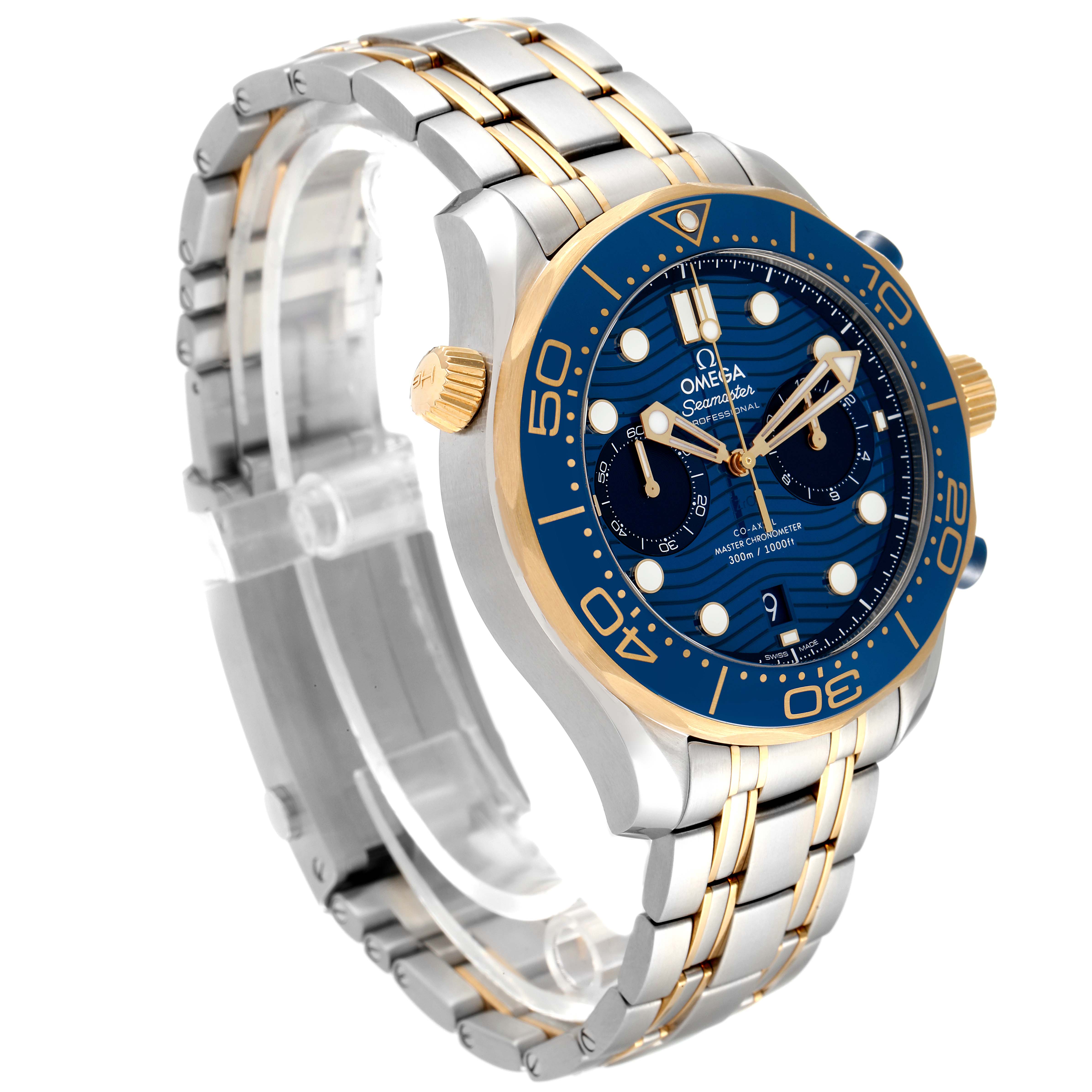 The image shows a side view of an Omega Seamaster 210.20.44.51.03.001 Men's Steel and Gold (two tone) Blue Dial 210.20.44.51.03.001 Men's Steel and Gold (two tone) Blue Dial watch, highlighting its blue dial, gold accents, and stainless steel bracelet.