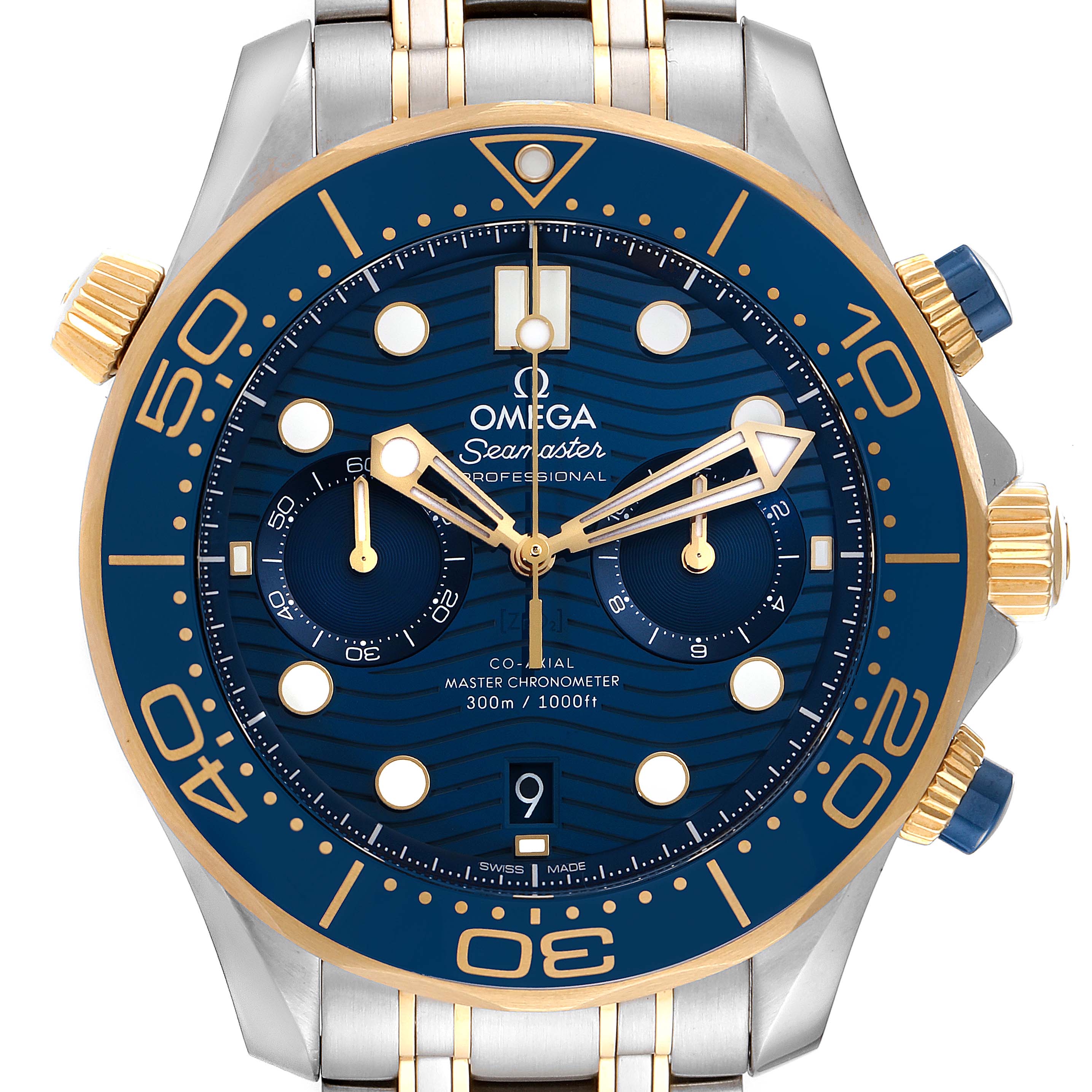 This image shows a front view of an Omega Seamaster 210.20.44.51.03.001 Men's Steel and Gold (two tone) Blue Dial 210.20.44.51.03.001 Men's Steel and Gold (two tone) Blue Dial Professional watch, showcasing its blue dial and bezel with gold accents.