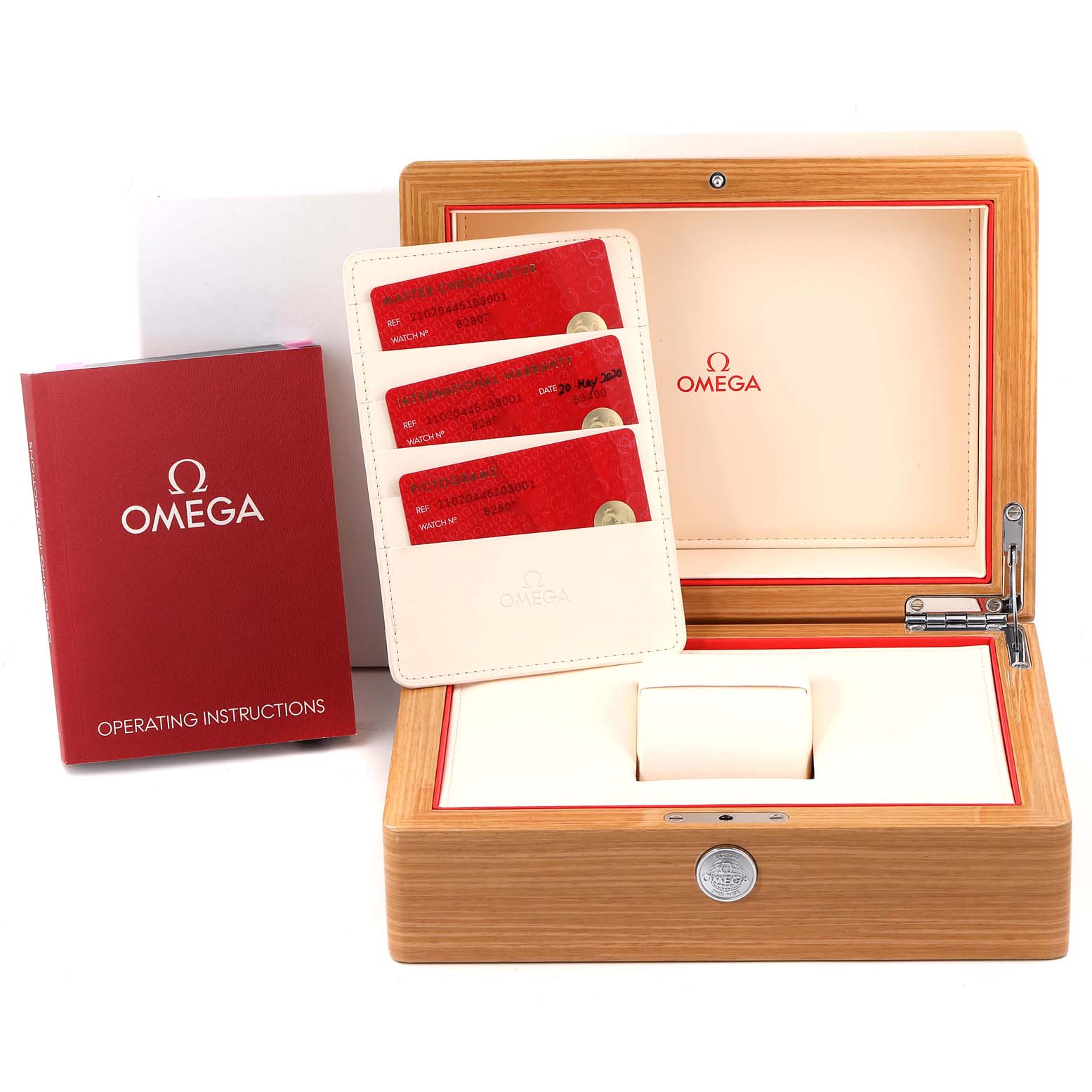 The image shows an Omega Seamaster 210.20.44.51.03.001 Men's Steel and Gold (two tone) Blue Dial 210.20.44.51.03.001 Men's Steel and Gold (two tone) Blue Dial watch box, operating instructions, and registration cards from a frontal angle.