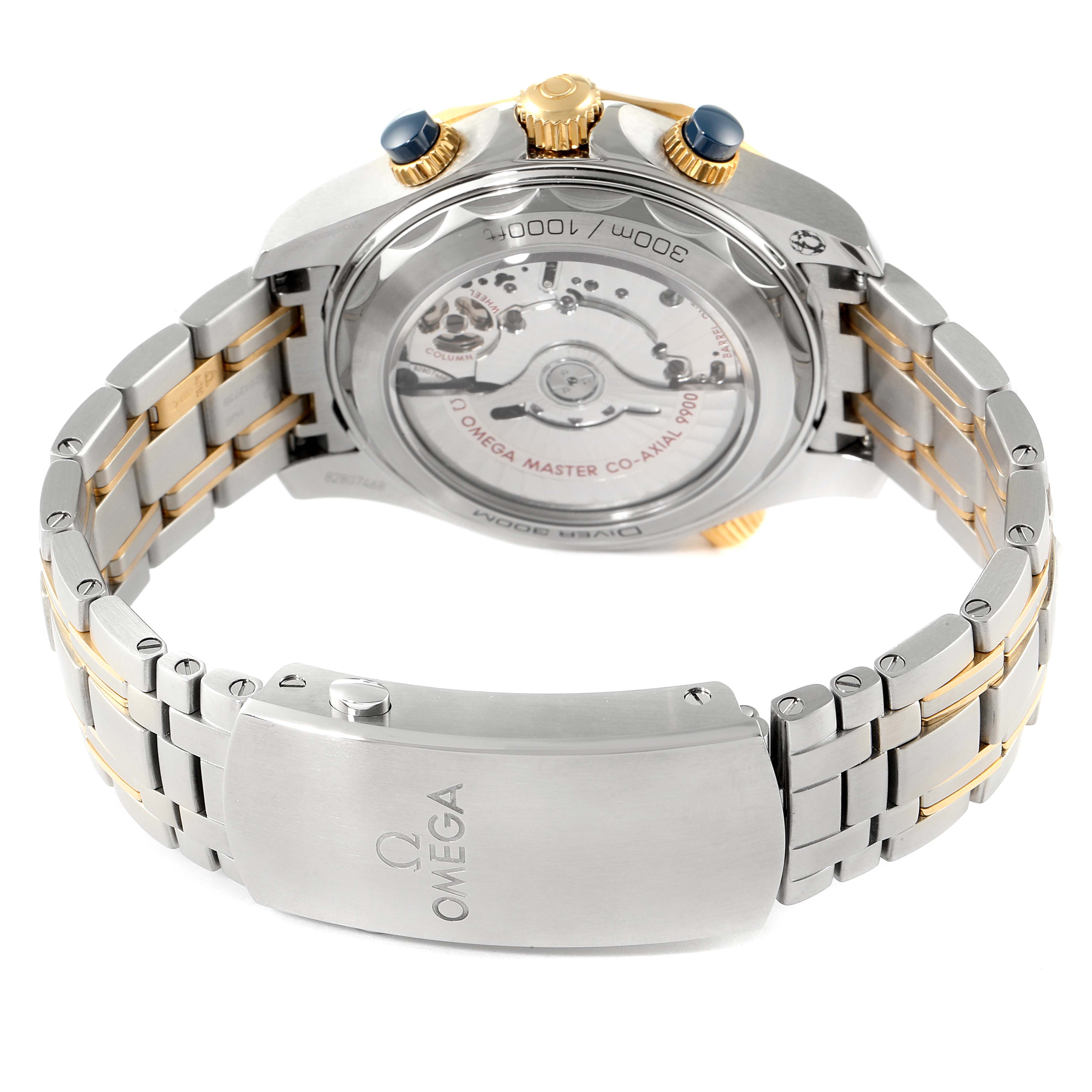 The image shows the back and bracelet of the Omega Seamaster 210.20.44.51.03.001 Men's Steel and Gold (two tone) Blue Dial 210.20.44.51.03.001 Men's Steel and Gold (two tone) Blue Dial watch, highlighting its transparent case back and two-tone metal strap.