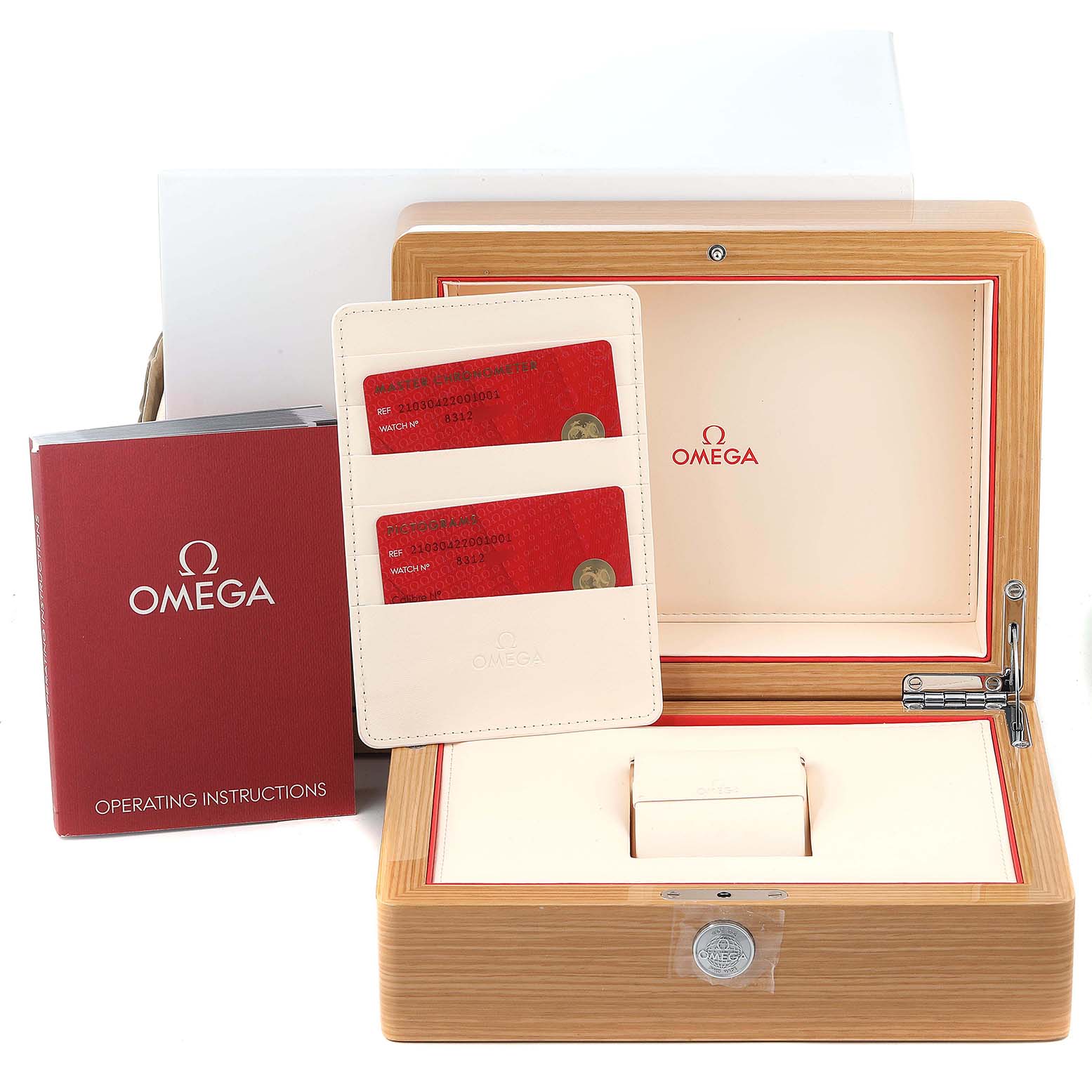 The image shows the packaging and accessories for the Omega Seamaster 210.30.42.20.01.001 Men's Stainless Steel Black Dial 210.30.42.20.01.001 Men's Stainless Steel Black Dial, including the box, cards, and operating instructions.