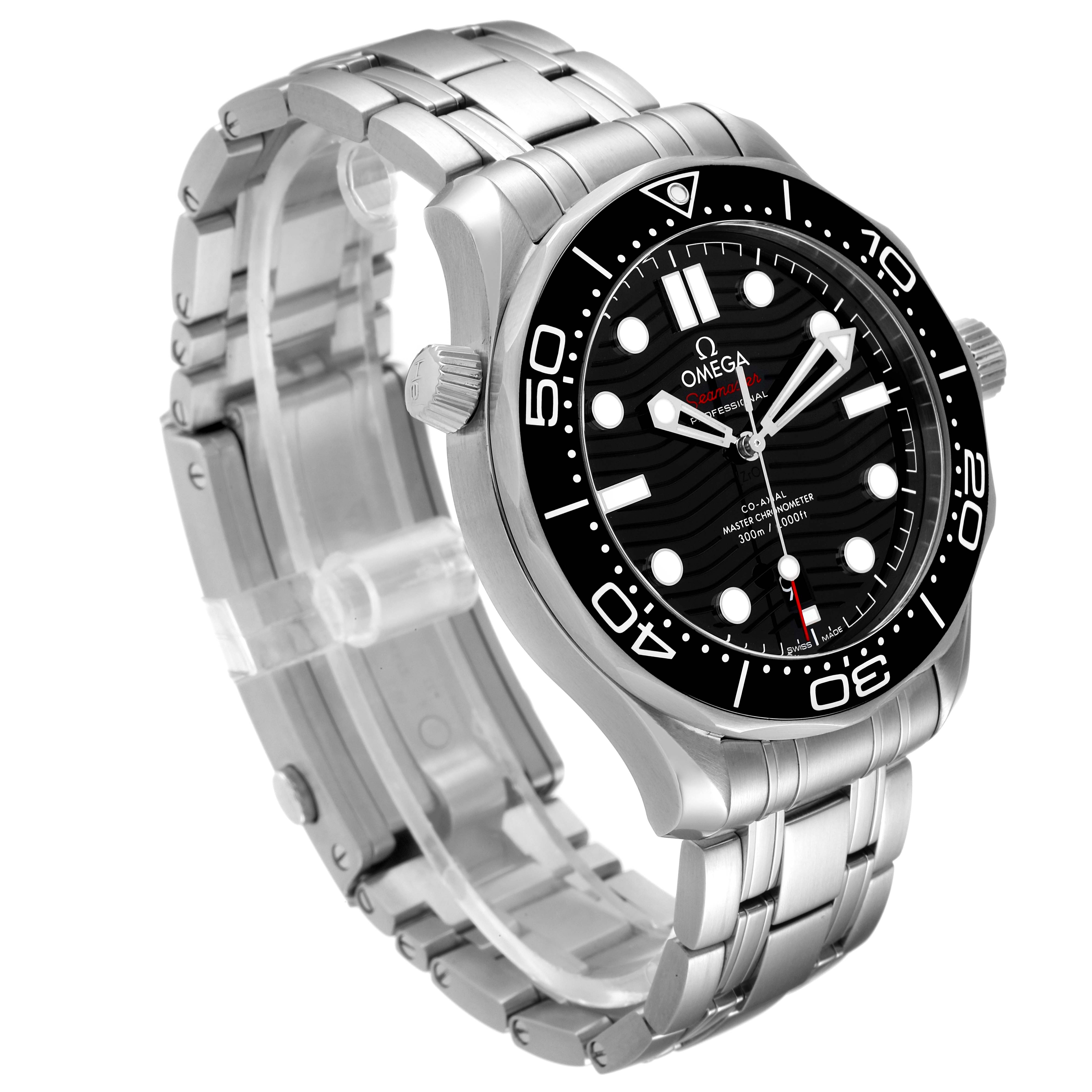 The Omega Seamaster 210.30.42.20.01.001 Men's Stainless Steel Black Dial 210.30.42.20.01.001 Men's Stainless Steel Black Dial watch is angled slightly to show its face, bezel, crown, and stainless steel bracelet.