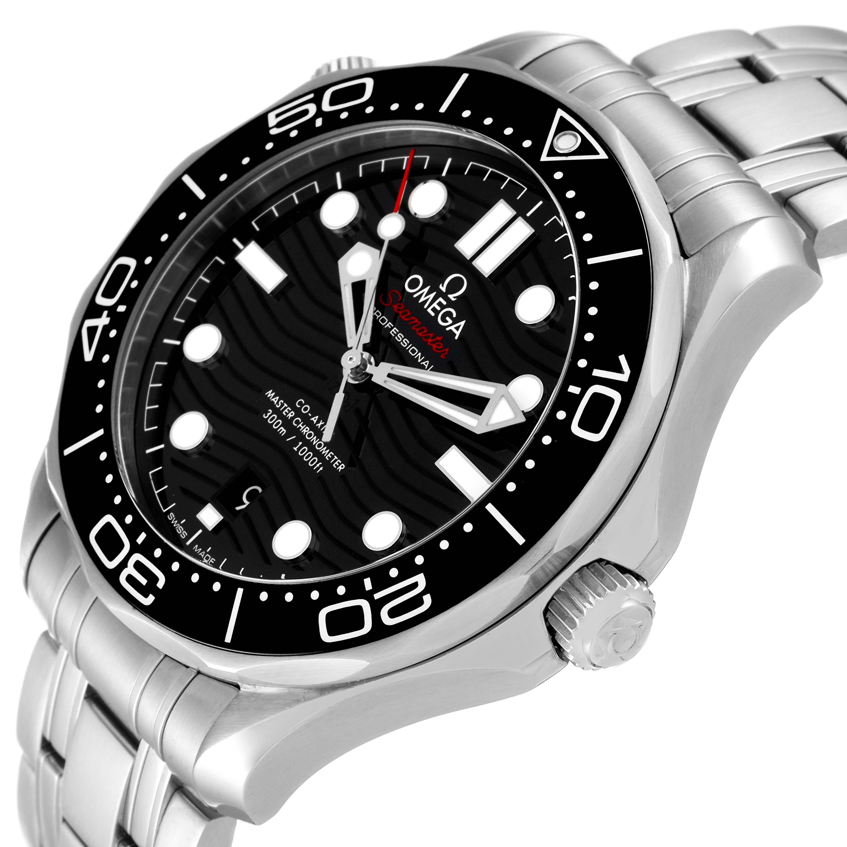 The image shows an Omega Seamaster 210.30.42.20.01.001 Men's Stainless Steel Black Dial 210.30.42.20.01.001 Men's Stainless Steel Black Dial watch at an angled close-up, highlighting the bezel, dial, and bracelet.