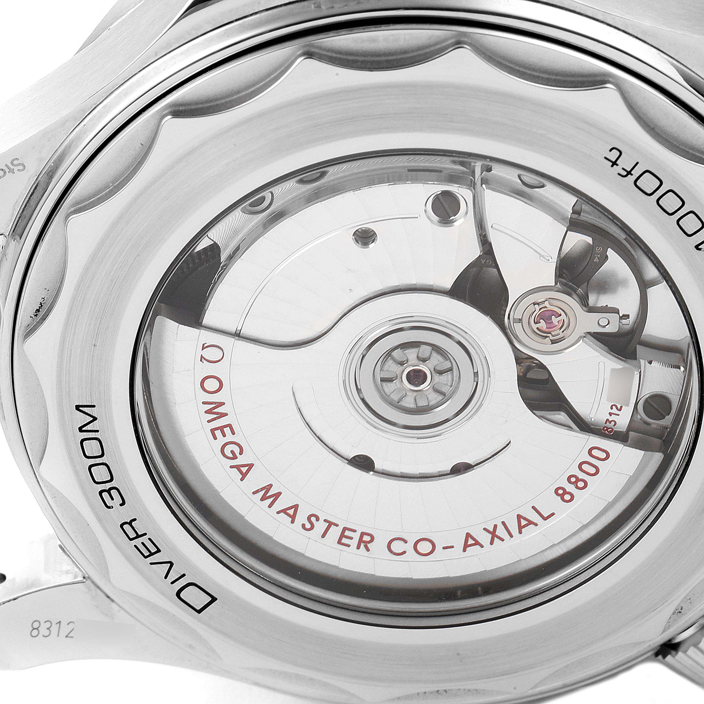 The image shows the back of an Omega Seamaster 210.30.42.20.01.001 Men's Stainless Steel Black Dial 210.30.42.20.01.001 Men's Stainless Steel Black Dial Diver 300M watch, highlighting its Co-Axial 8800 movement.