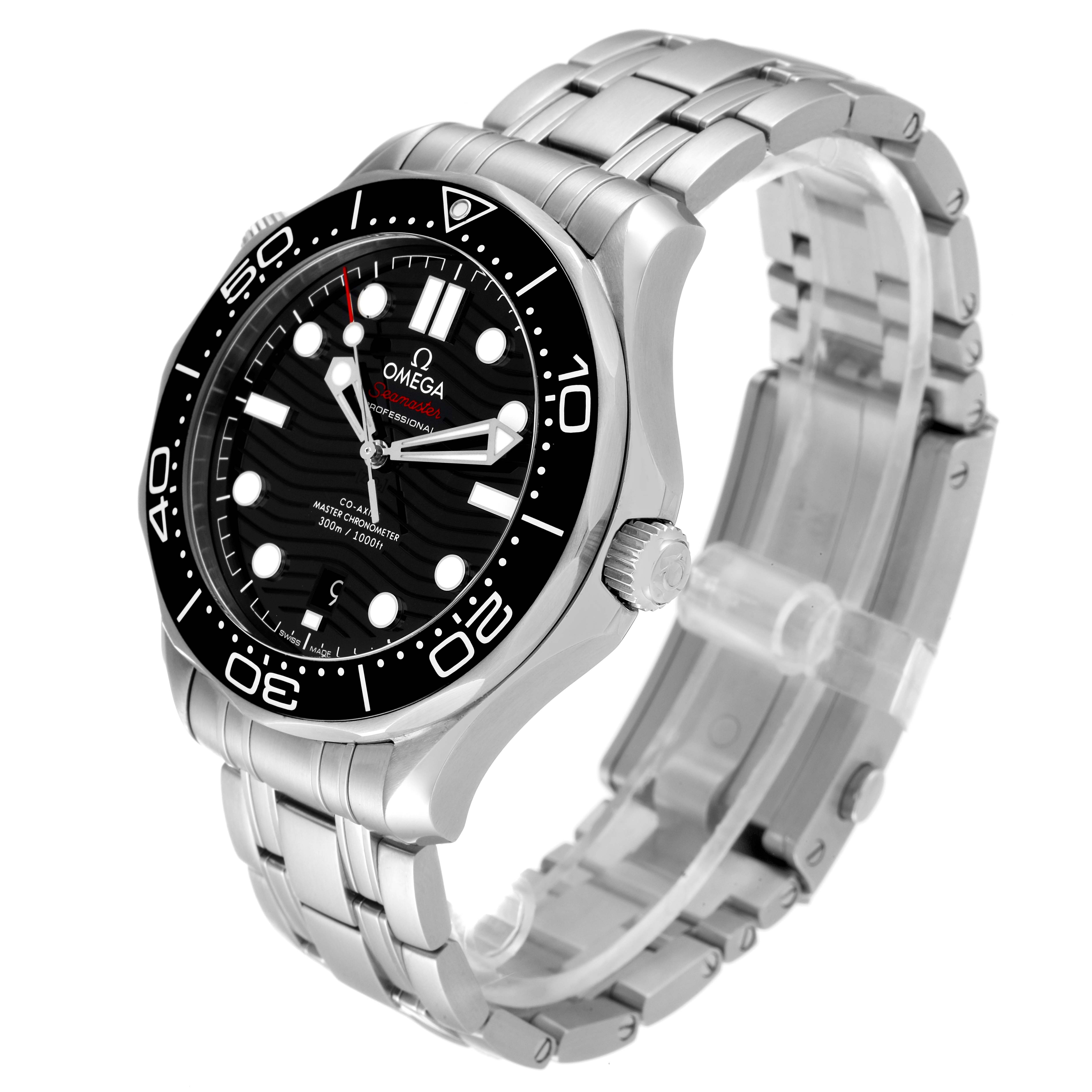 The Omega Seamaster 210.30.42.20.01.001 Men's Stainless Steel Black Dial 210.30.42.20.01.001 Men's Stainless Steel Black Dial watch is shown at an angled view, displaying its face, bezel, crown, and stainless steel bracelet.