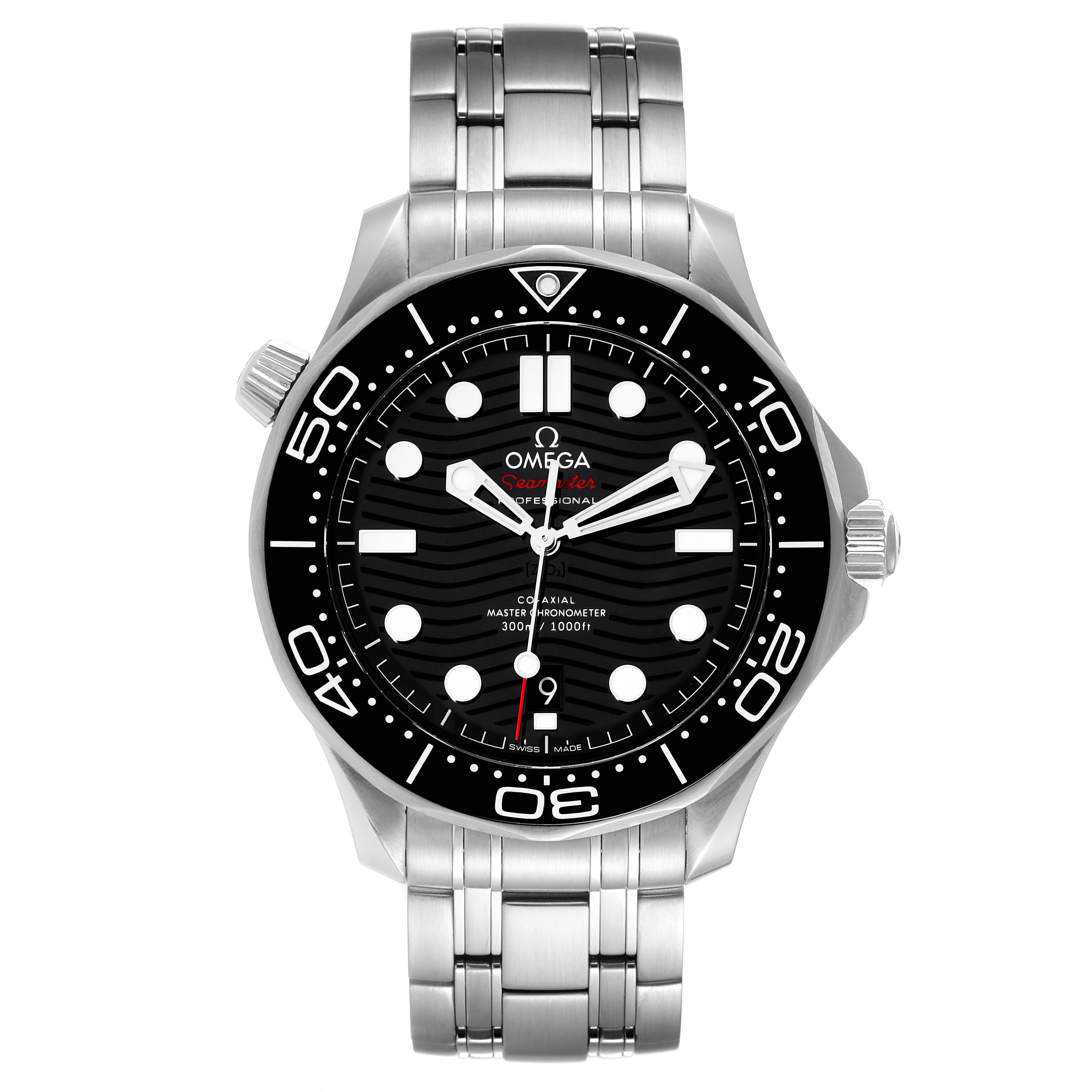 The image shows a front view of the Omega Seamaster 210.30.42.20.01.001 Men's Stainless Steel Black Dial 210.30.42.20.01.001 Men's Stainless Steel Black Dial watch, displaying the dial, bezel, and metal bracelet.