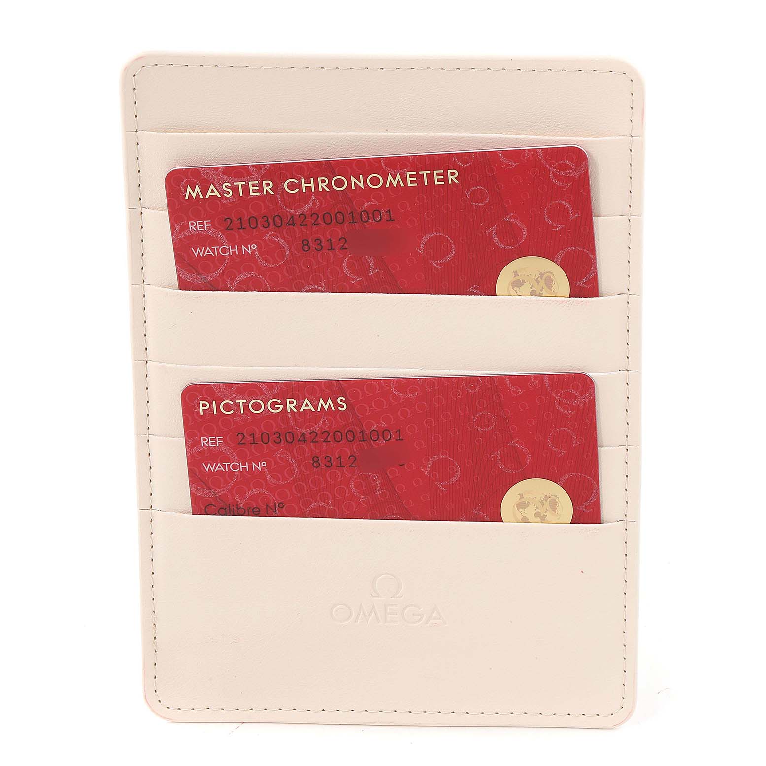 This image shows the warranty cards in a holder for an Omega Seamaster 210.30.42.20.01.001 Men's Stainless Steel Black Dial 210.30.42.20.01.001 Men's Stainless Steel Black Dial watch, displaying "Master Chronometer" and "Pictograms."