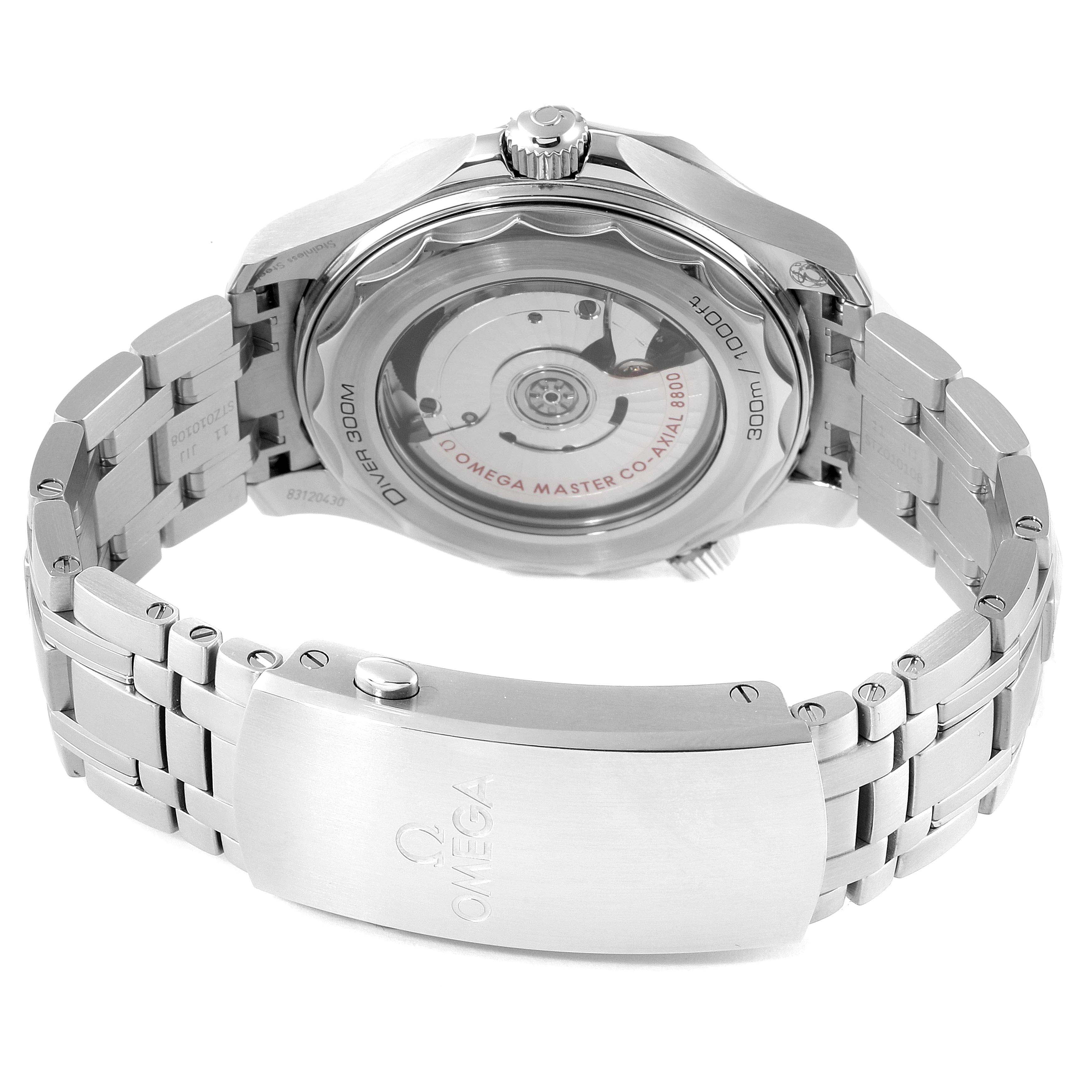 The image shows the back view of an Omega Seamaster 210.30.42.20.01.001 Men's Stainless Steel Black Dial 210.30.42.20.01.001 Men's Stainless Steel Black Dial watch, highlighting its transparent case back, movement, and metal bracelet clasp.