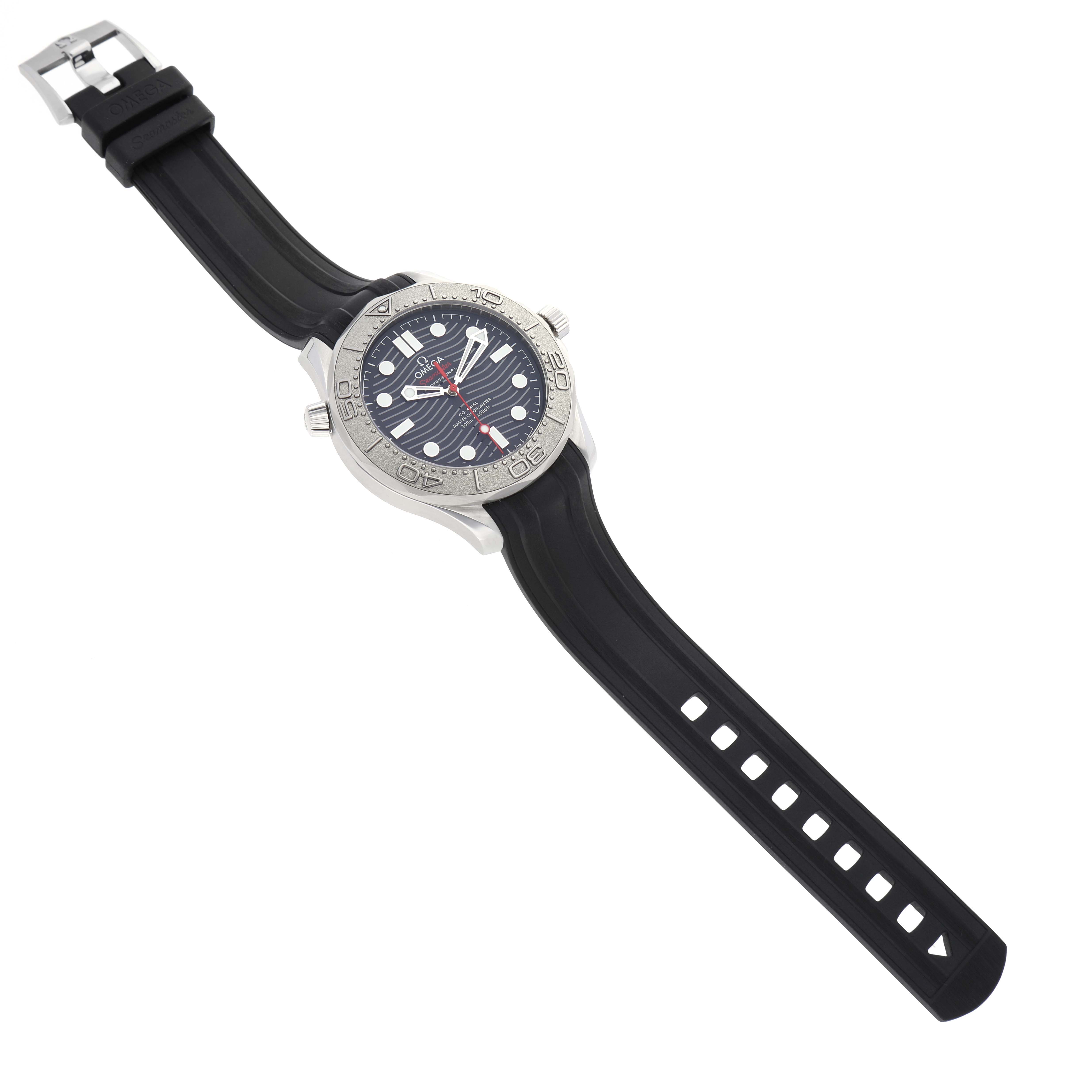 The image shows an Omega Seamaster 210.32.42.20.01.002 Men
s Stainless Steel Black Dial 210.32.42.20.01.002 Men
s Stainless Steel Black Dial watch at a slight angle, displaying the face, bezel, crown, and black rubber strap.