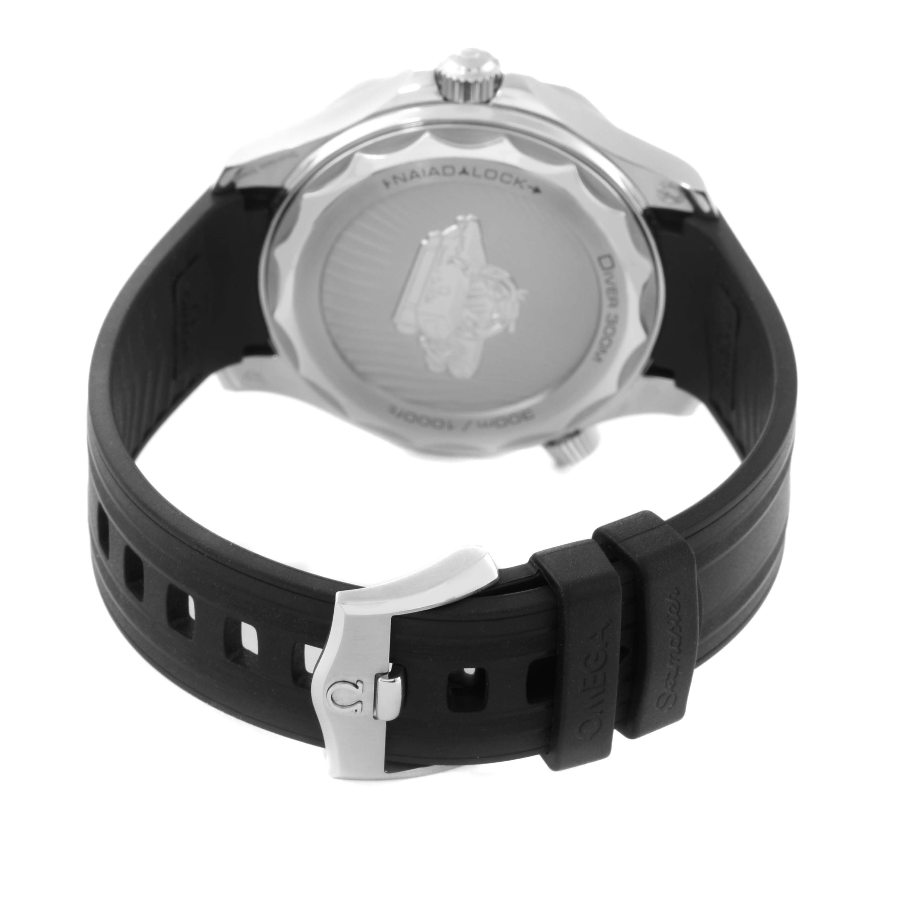 The image shows the back view of an Omega Seamaster 210.32.42.20.01.002 Men
s Stainless Steel Black Dial 210.32.42.20.01.002 Men
s Stainless Steel Black Dial watch, highlighting the case back, crown, and the attached rubber strap with a buckle.