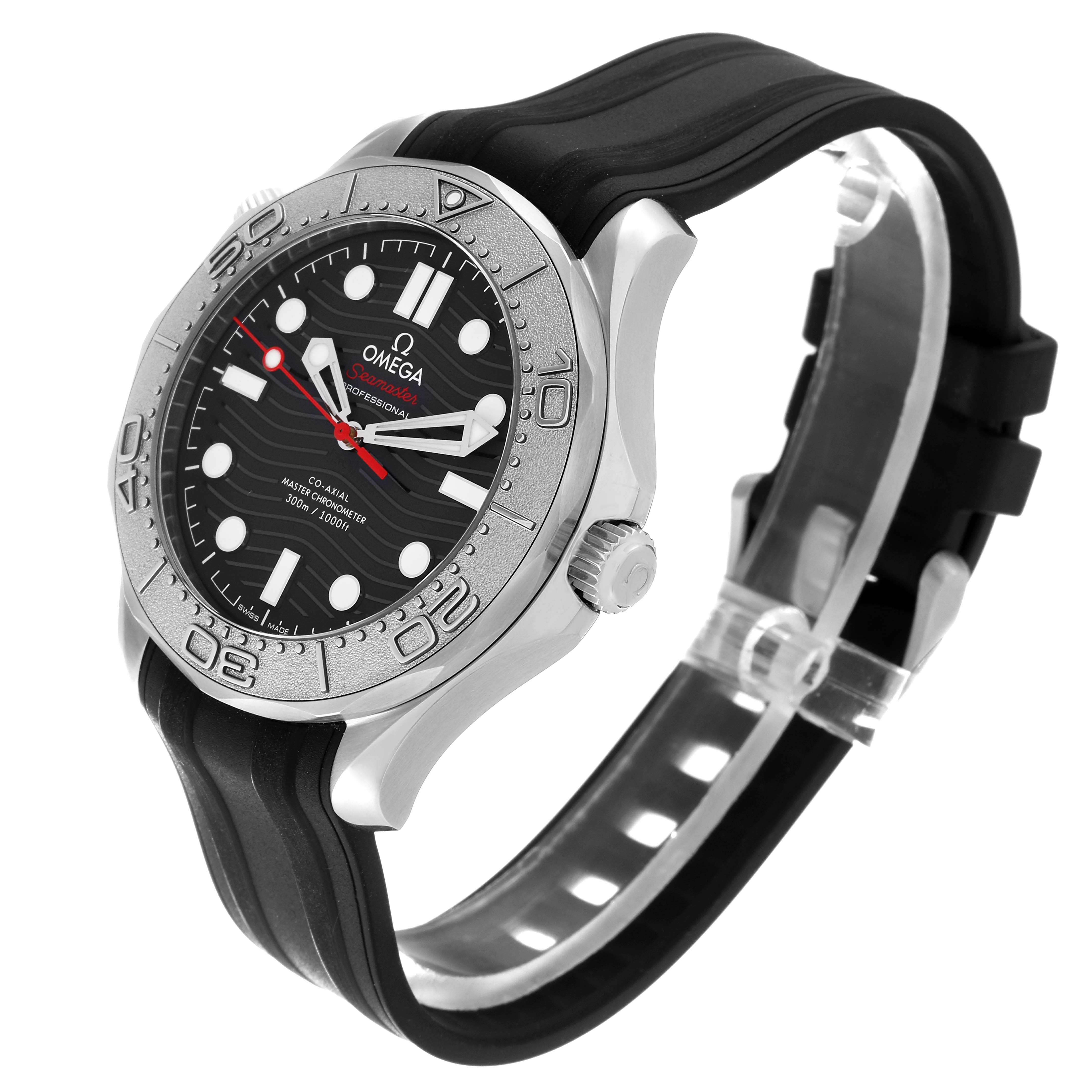 The Omega Seamaster 210.32.42.20.01.002 Men
s Stainless Steel Black Dial 210.32.42.20.01.002 Men
s Stainless Steel Black Dial watch is shown at an angle, highlighting the face, bezel, crown, and silicone strap.