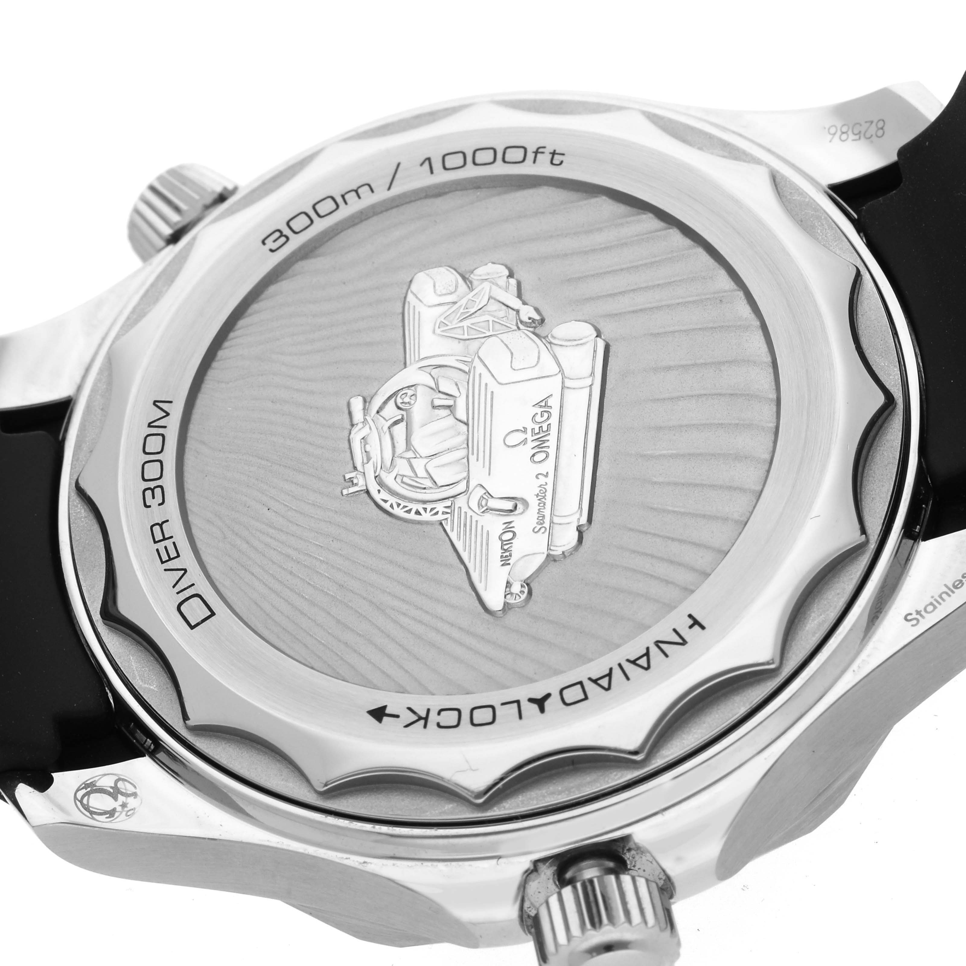 The image shows the back case of an Omega Seamaster 210.32.42.20.01.002 Men
s Stainless Steel Black Dial 210.32.42.20.01.002 Men
s Stainless Steel Black Dial Diver 300M watch, highlighting its engravings and the NAIAD LOCK system.