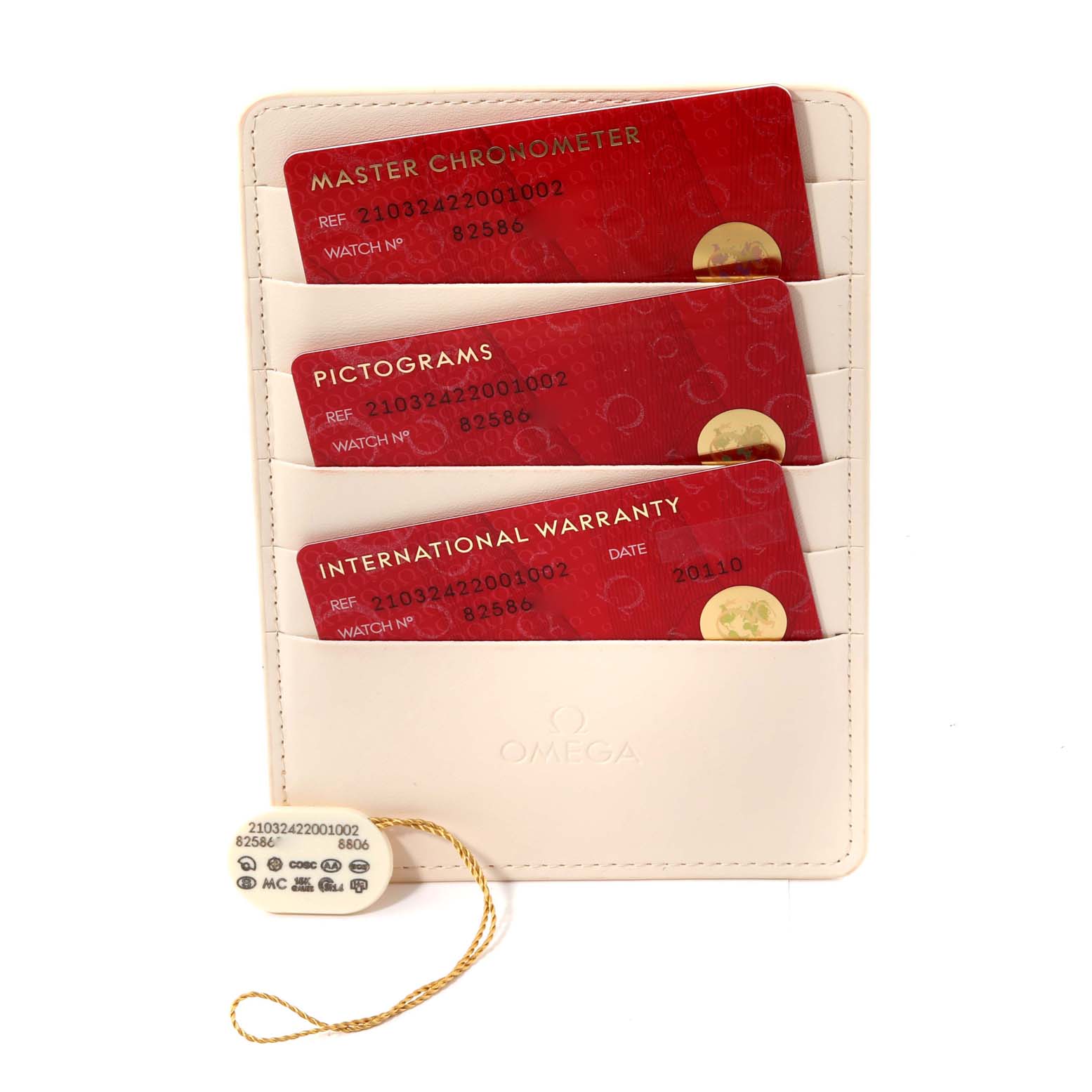 The image shows the accessories of the Omega Seamaster 210.32.42.20.01.002 Men
s Stainless Steel Black Dial 210.32.42.20.01.002 Men
s Stainless Steel Black Dial, including a leather cardholder with three cards and a hang tag.